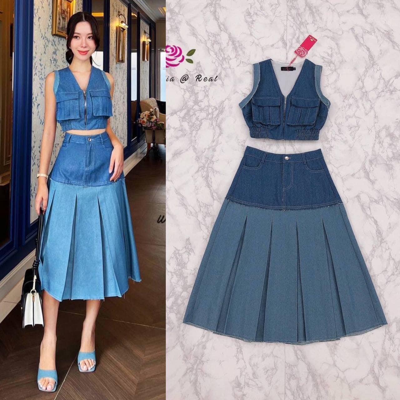 Set :: เสื้อแขนกุดตัวสวยทรงดี คอวีสวย ด้านหน้าแต่งซิปและกระเป๋าทั้ง2 ข้างสวย มาเข้าชุดพร้อมกับกระโปรงทรงเอ บานตัวยาวสวย : สินค้าคุณภาพ (พร้อมส่ง).