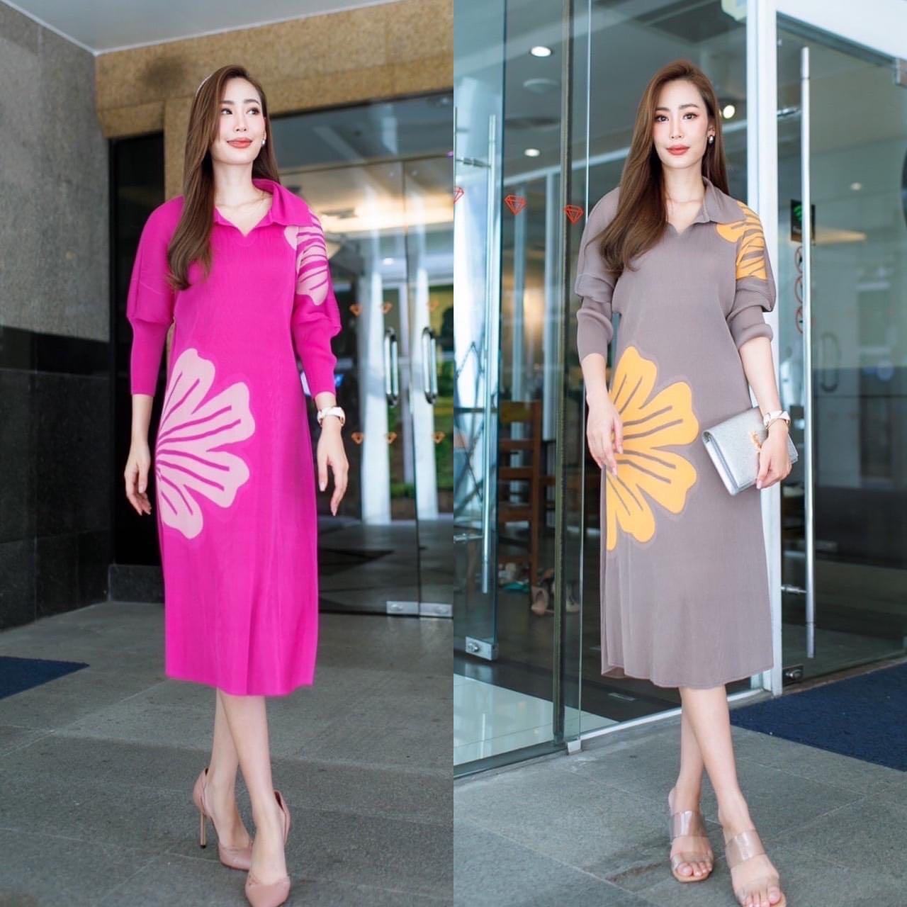 เดรสอัดพลีท งานสวยไฮโซ ทรงคอปก ไหล่บอลลูนพองๆ 🎈 แพทเทิร์นจั๊มปลายแขน เพิ่มดีเทลลายดอกไม้ ทั้งช่วงไหล่ และลำตัว เรียบหรู สินค้าคุณภาพ (พร้อมส่ง)