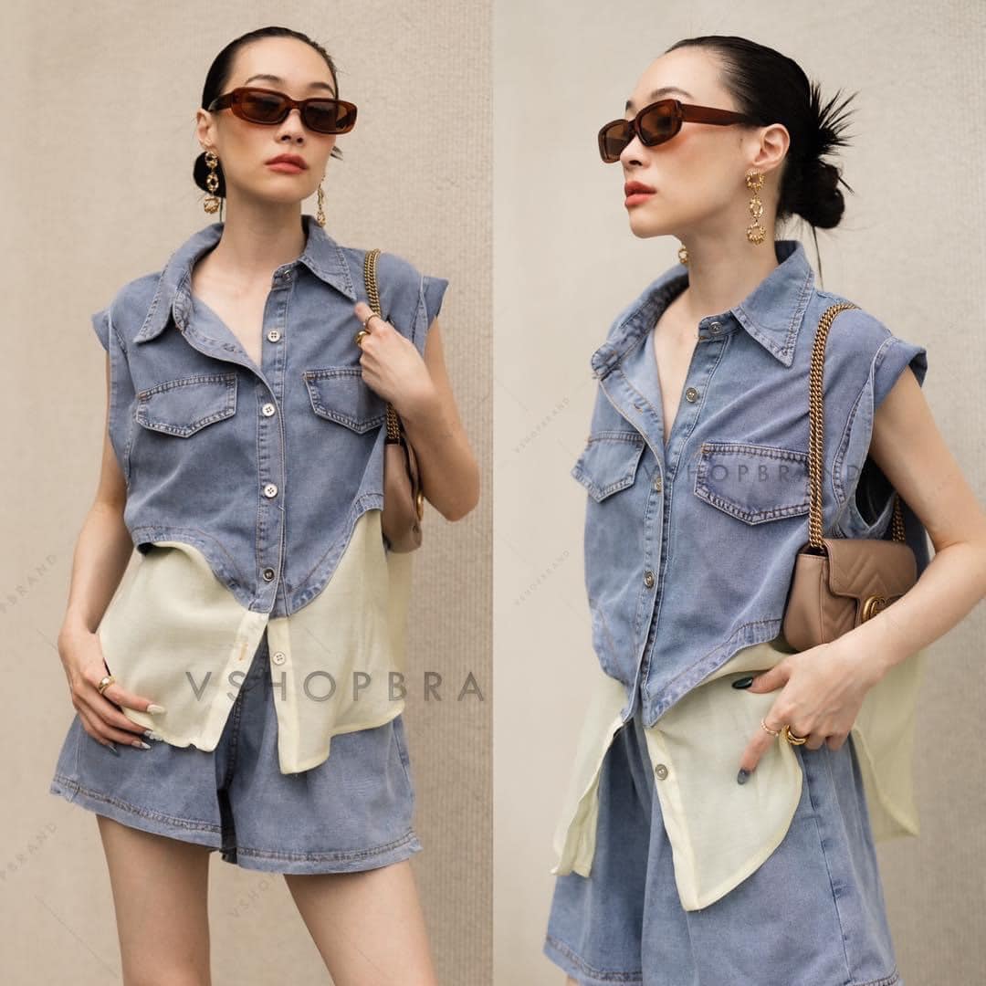 Set เสื้อยีนส์แขนกุด ชายซีทรู + กางเกงยีนส์ขาสั้น สินค้าคุณภาพ (พร้อมส่ง)