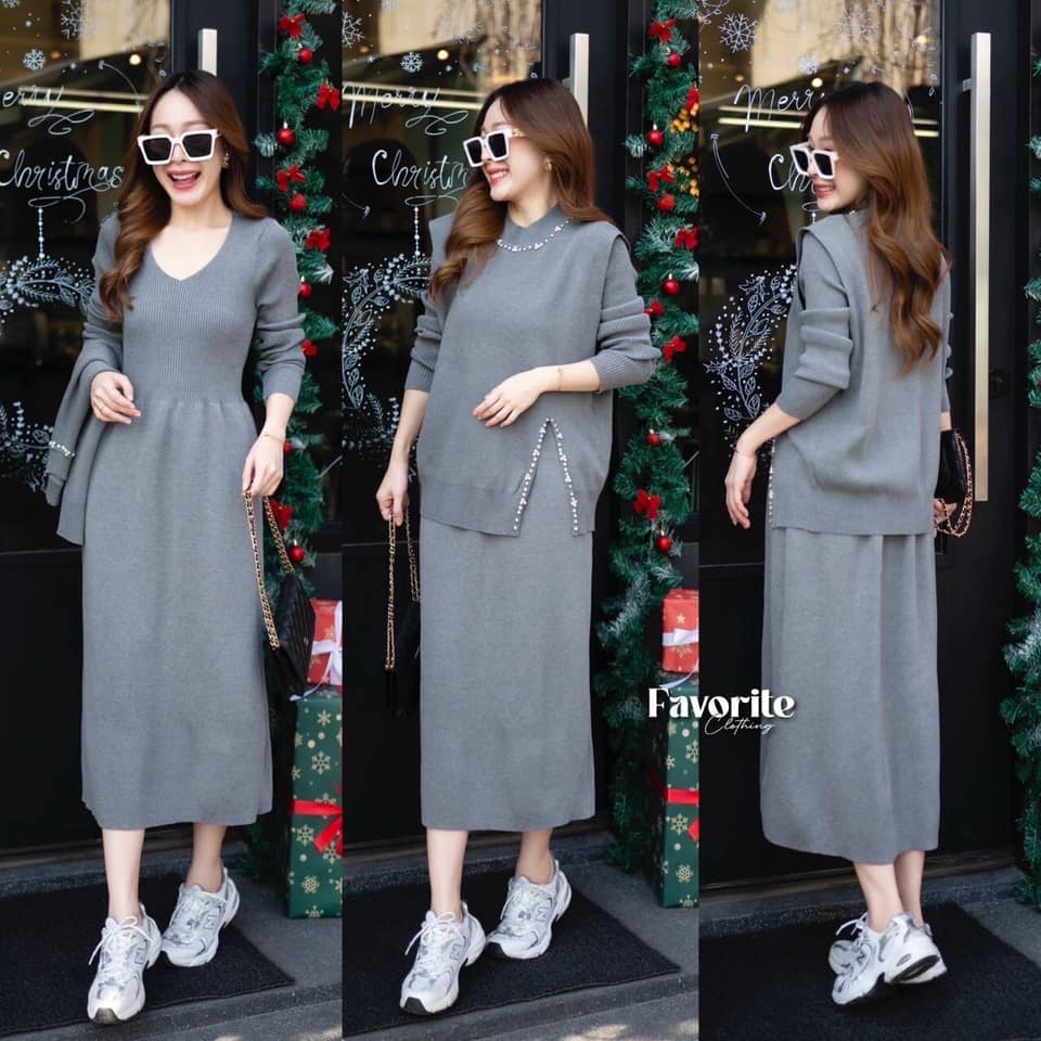 Setเดรสไหมพรม+เสื้อกั๊ก ใส่สบาย : สินค้าคุณภาพ (พร้อมส่ง)