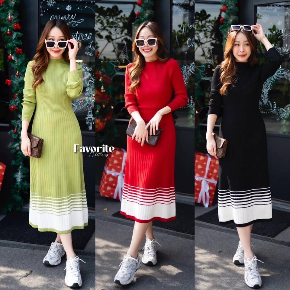 เดรสไหมพรมแขนยาวคอปิด ดีเทลทอลาย ช่วงชายกระโปรง งานไหมพรมผ้าร่องเนื้อดี ใส่สบายมาก ใส่สบาย : สินค้าคุณภาพ (พร้อมส่ง)