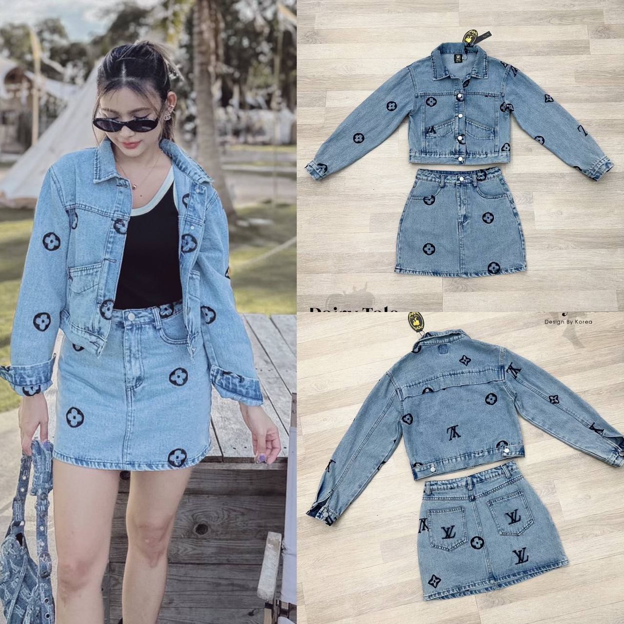 Set เสื้อแจ๊กเก็ตยีน แมตกระโปรงยีน(ซับในกางเกง) เนื้อผ้ายีนปักลายLV สียีนฟอกสวยมากๆๆๆ ปักแน่นๆ สินค้าคุณภาพ (พร้อมส่ง)