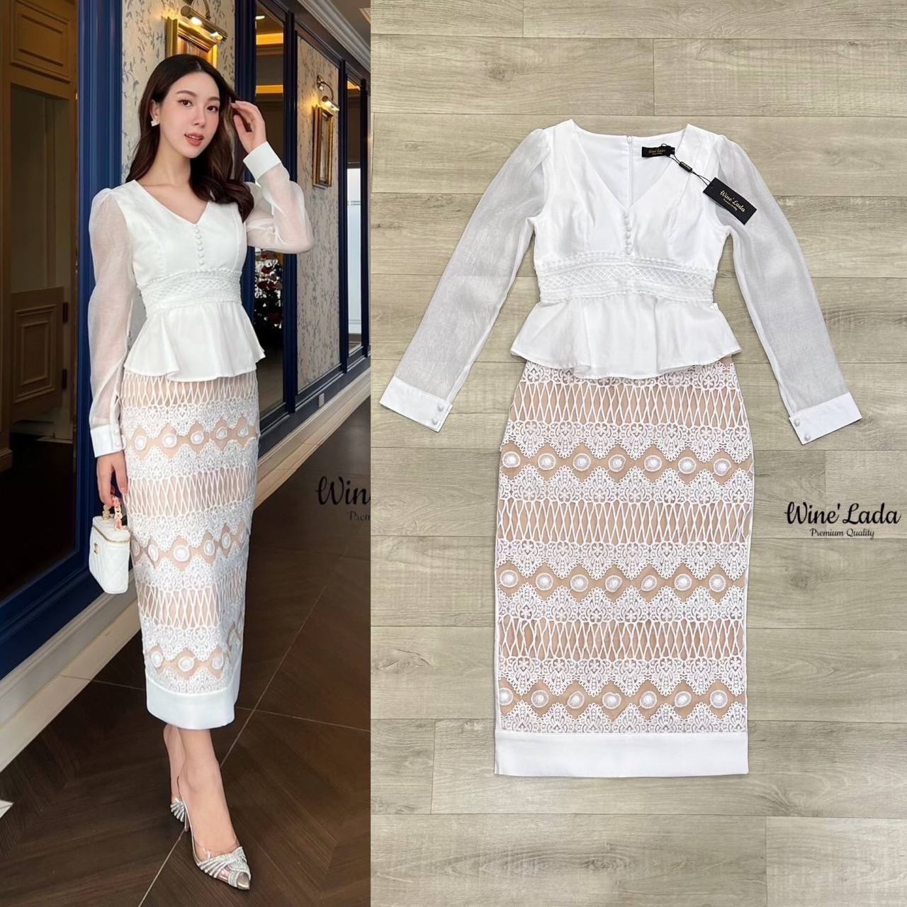 Set เสื้อคอวีแต่งระบายแขนยาวต่อผ้าชีทรู มาพร้อมกับกระโปรงผ้าลูกไม้ด้านหลังผ้าพื้น ทรงสอบเข้ารูป ผ่าด้านหลัง จะงานราช งานบุญ สินค้าคุณภาพ (พร้อมส่ง)