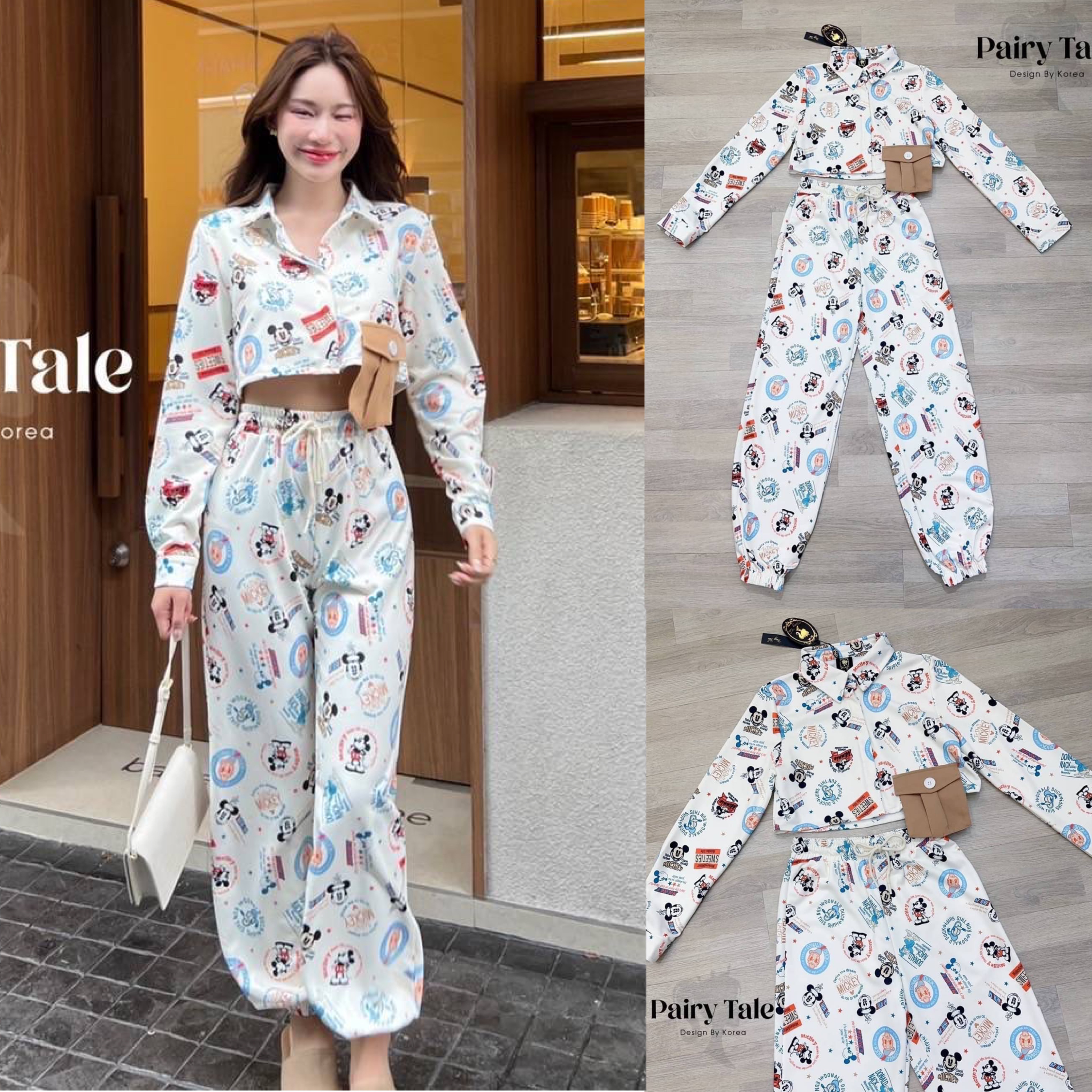 Set มิกกี้ เสื้อเชิ๊ตแขนยาวแต่งกระเป๋าล้น แมตกางเกงขายาวปลายขาจั้ม พิมพ์ลายมิกกี้ทั้งชุด สินค้าคุณภาพ (พร้อมส่ง)