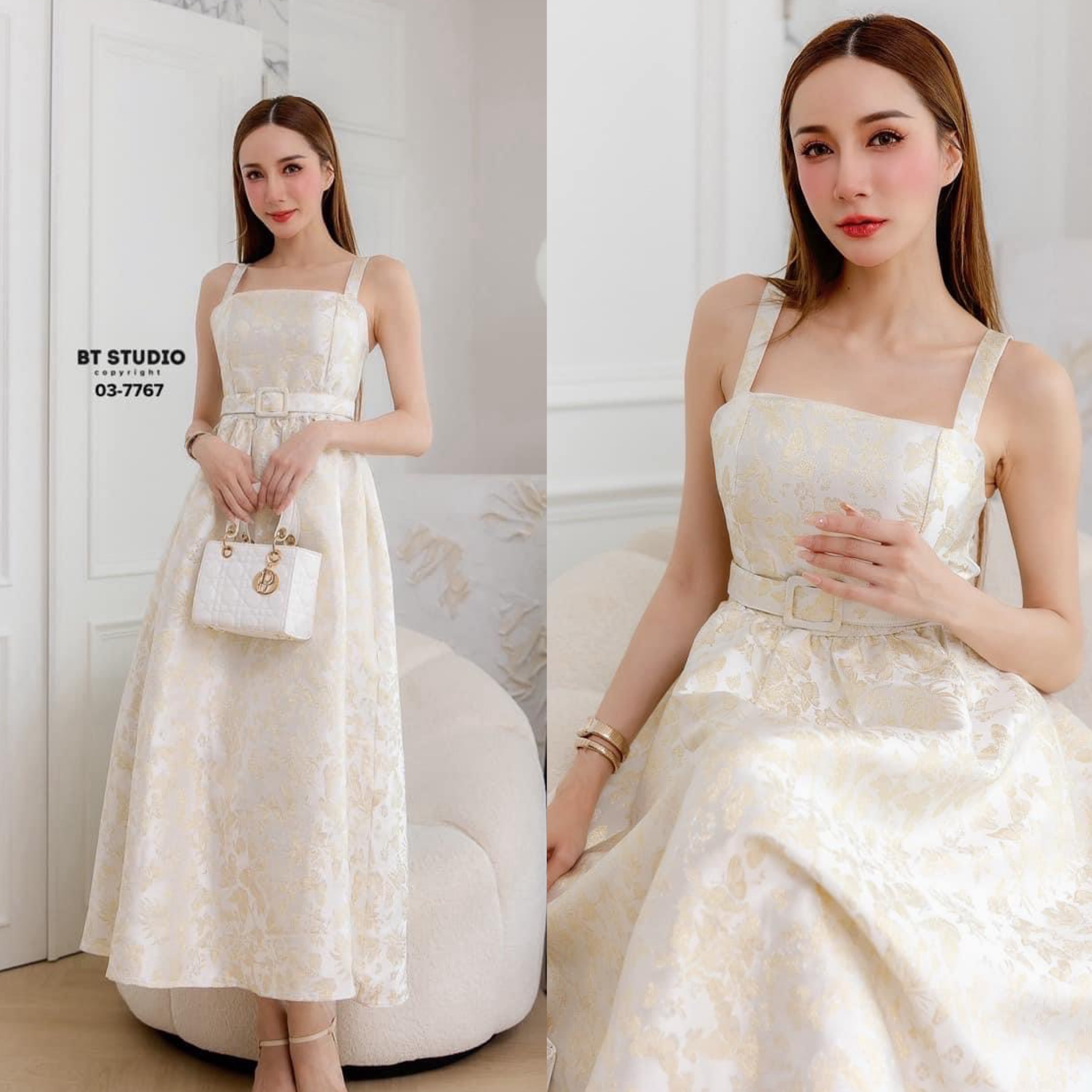 เดรสกระโปรงยาวสายเดี่ยวดีเทลผ้า ทอลายผีเสื้อสีทองทอลงบนเนื้อผ้าเรียบ งานสวย เนื้อผ้าดี คัตติ๊งสวยมีซับใน มาพร้อมเข็มขัดลาย เดียวกันงานสวยมาก ใส่สบาย : สินค้าคุณภาพ (พร้อมส่ง)