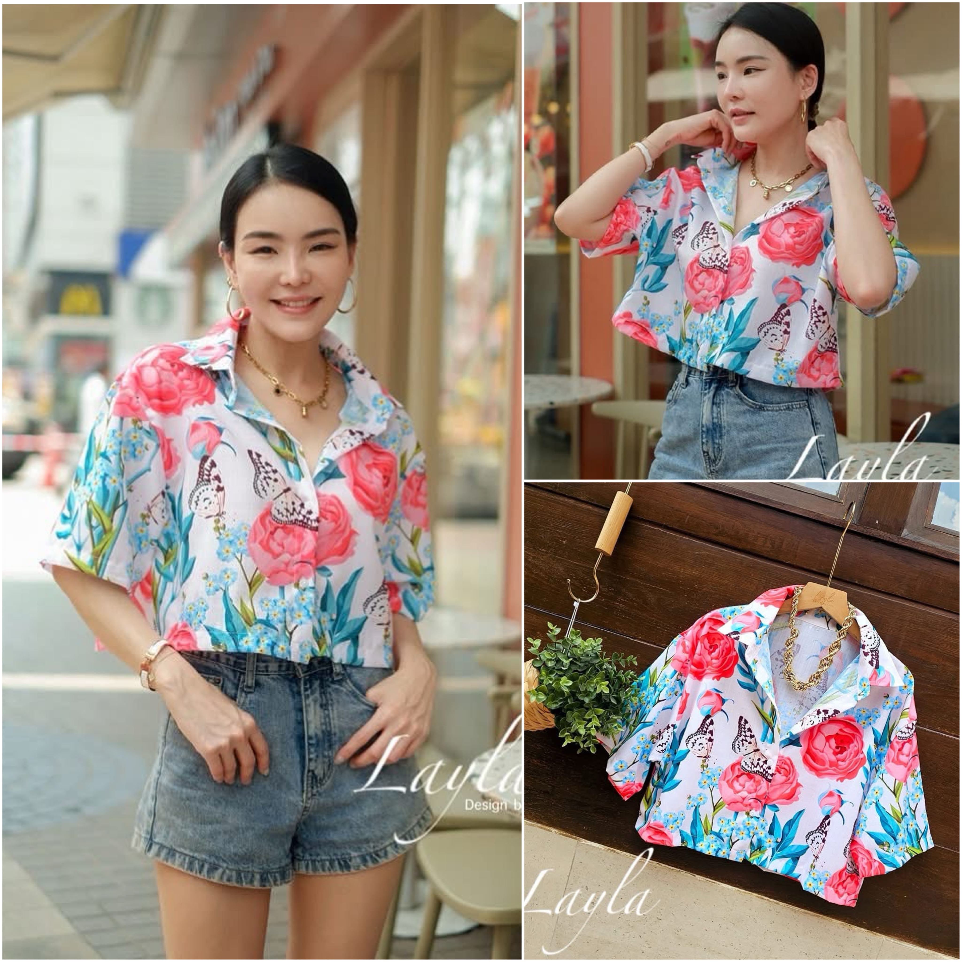 เสื้อครอปลายดอกสีสดใส เนื้อผ้ามี texture ทอลายสวย ทรงน่ารักโอเว่อร์ไซส์เก๋ๆ ใส่สบาย : สินค้าคุณภาพ (พร้อมส่ง)