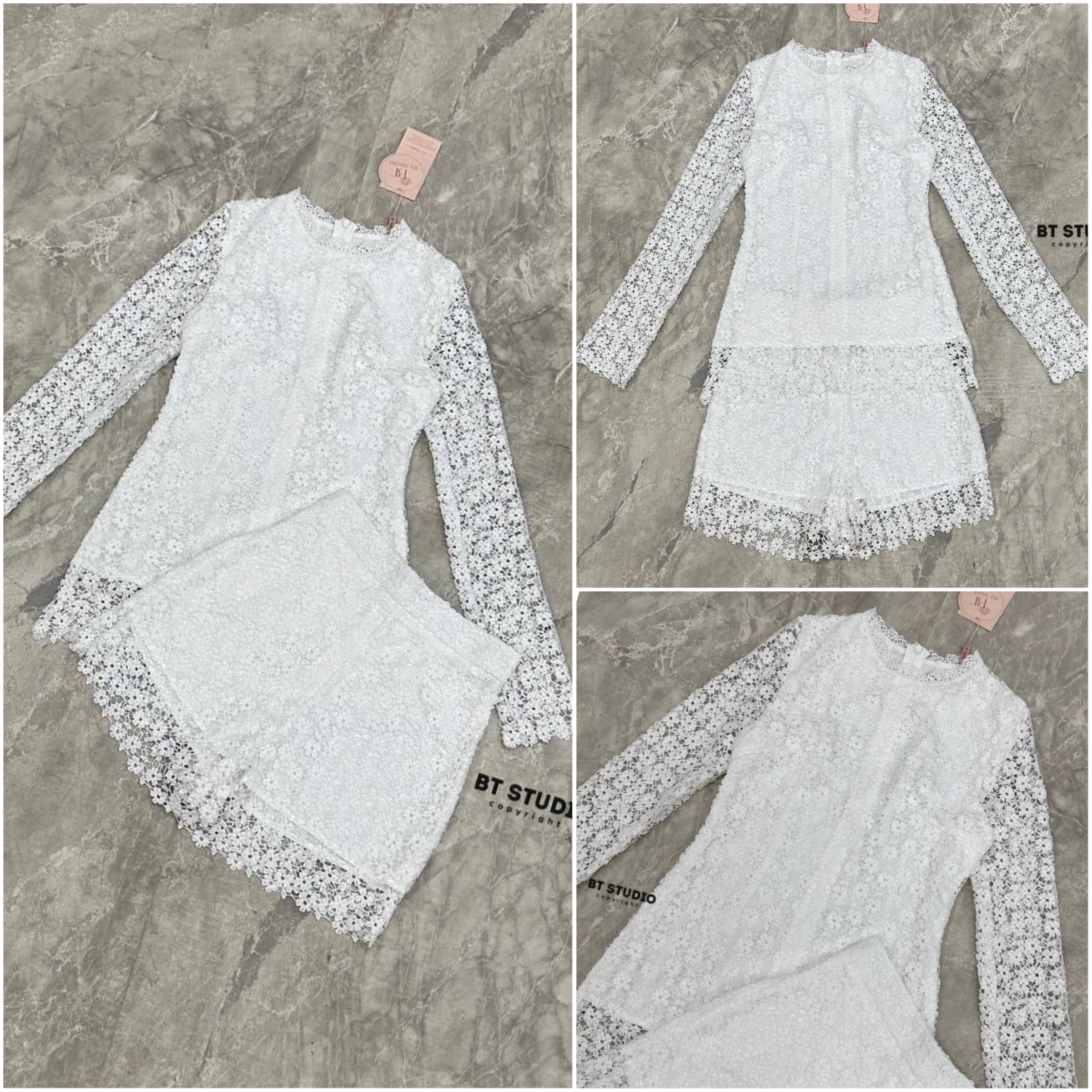 เซท 2 ชิ้น เสื้อลูกไม้คอกลมแขนยาว งานลูกไม้ฉลุลายดอกไม้ กับกางเกงขาสั้น งานมีซับใน สินค้าคุณภาพ (พร้อมส่ง)