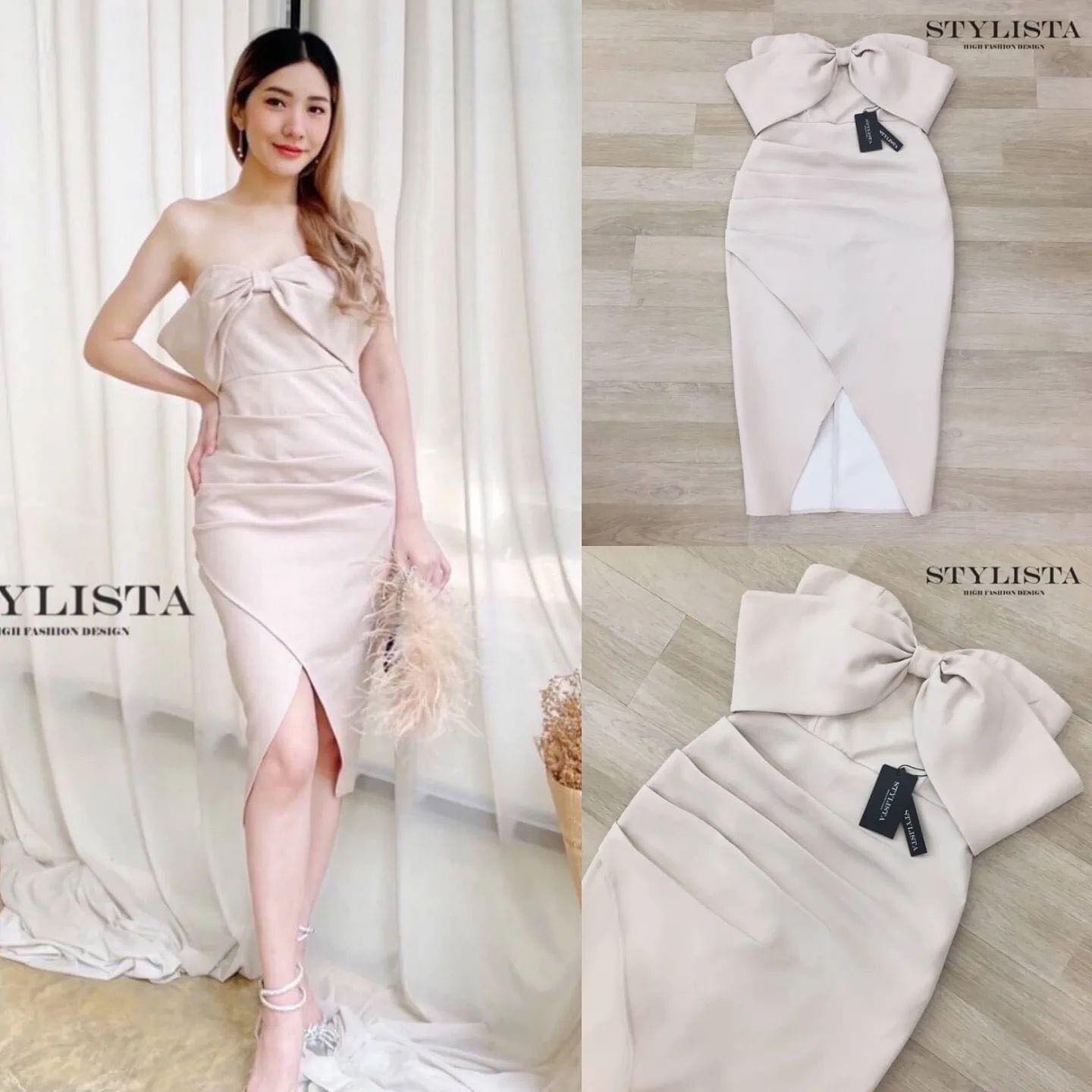 เดรสทรงพอดีตัว แต่งโบว์ใหญ่ คลุมไหล่ ใส่สวยมาก ดูดีเหมือนเซเลปเลยค่ะ สวยเปะเวอร์ สินค้าคุณภาพ (พร้อมส่ง)