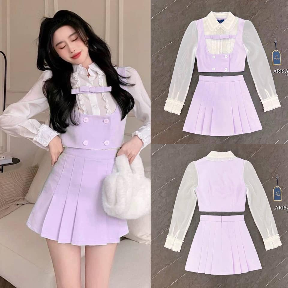 ชุดเซ็ตสูท 2 ชิ้น สีม่วงพาสเทล เสื้อสูทแขนยาว กระดุมด้านหน้า +กระโปรงซับในกางเกง มีซิปด้านหลัง ทรงเป๊ะเว่อร์ ใส่สบาย : สินค้าคุณภาพ (พร้อมส่ง)