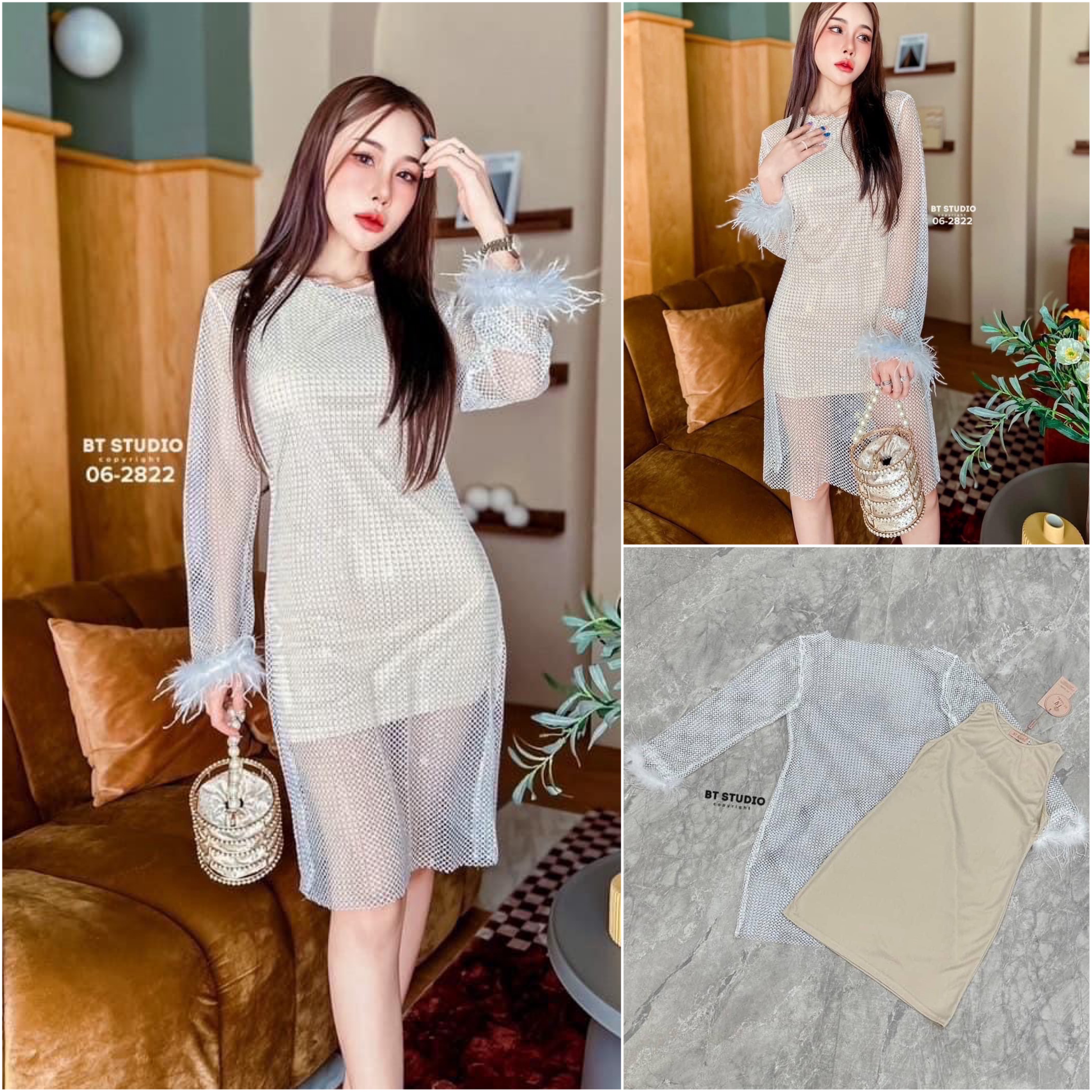 เซท 2 ชิ้น เดรสสั้นแขนยาว เนื้อผ้าตา ข่ายแต่งคริสตัลเม็ดเล็ก ๆ ทุก ๆ ช่อง งานสวยม๊าก ปลายชายแขนแต่งขนฟู ๆ ทั้งสองข้าง มาพร้อม ซับในสีนู๊ดแขนกุด ใส่สบาย : สินค้าคุณภาพ (พร้อมส่ง)