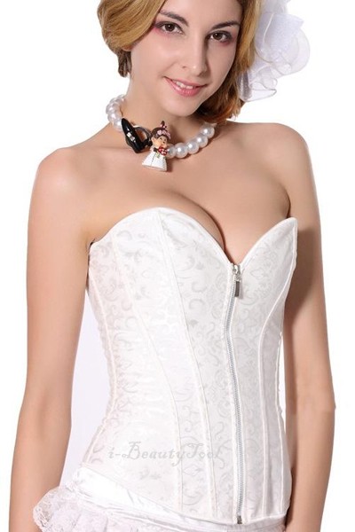 คอร์เซ็ท Corset สีขาวพิมพ์ลาย ขอบเรียบ รุ่นซิปหน้า