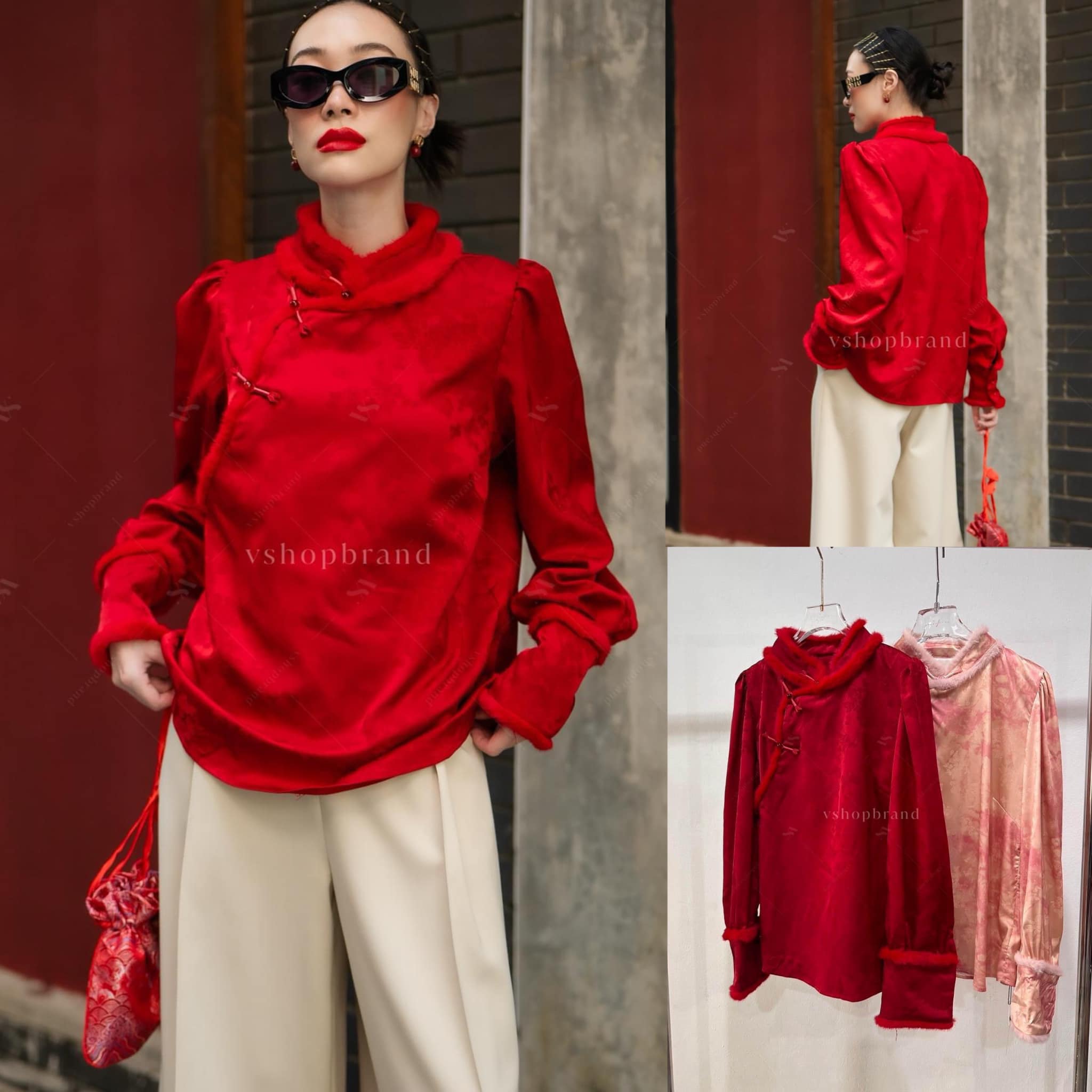 เสื้อกี่เพ้าลายดอกแต้มสี ขอบขน ทรงสวย ใส่สบาย : สินค้าคุณภาพ (พร้อมส่ง)