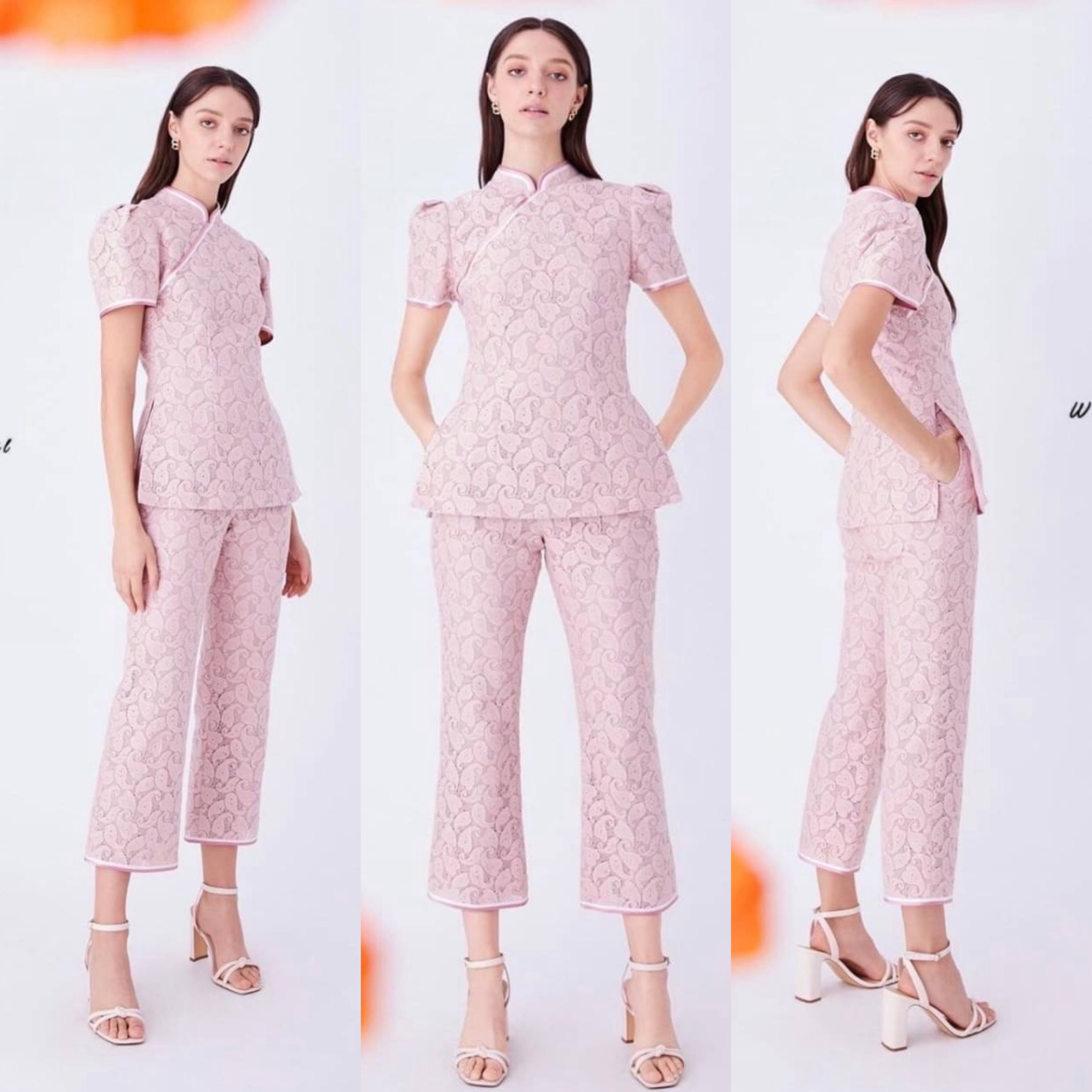 Set เซ็ทเสื้อกี่เพ้ากับกางเกง เรียบหรู เนื้อผ้าลูกไม้สั่งทำพิเศษลวดลายสวยเป๊ะไม่ซ้ำใคร สินค้าคุณภาพ (พร้อมส่ง)