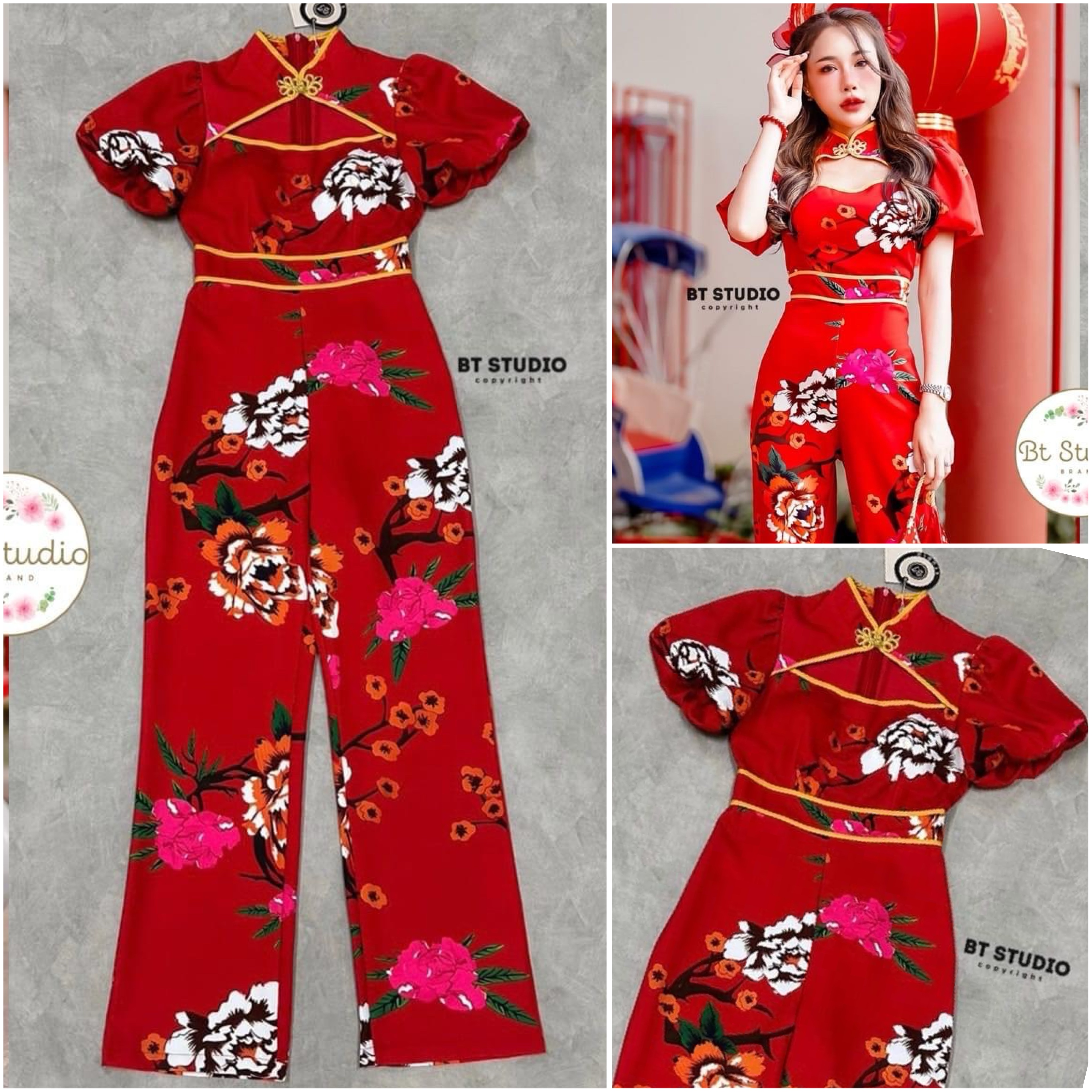 ชุดจั้มสูทขายาวแขนสั้นช่วงคอแต่ง กระดุมจีน แต่งเว้าช่วงเนินอกเล็กน้อย งานพิมพ์ ลายดอกไม้แต่งตัดพื้นสีแดงแต่งด้วยขอบรอบ คอและเอว งานสวย สินค้าคุณภาพ (พร้อมส่ง)