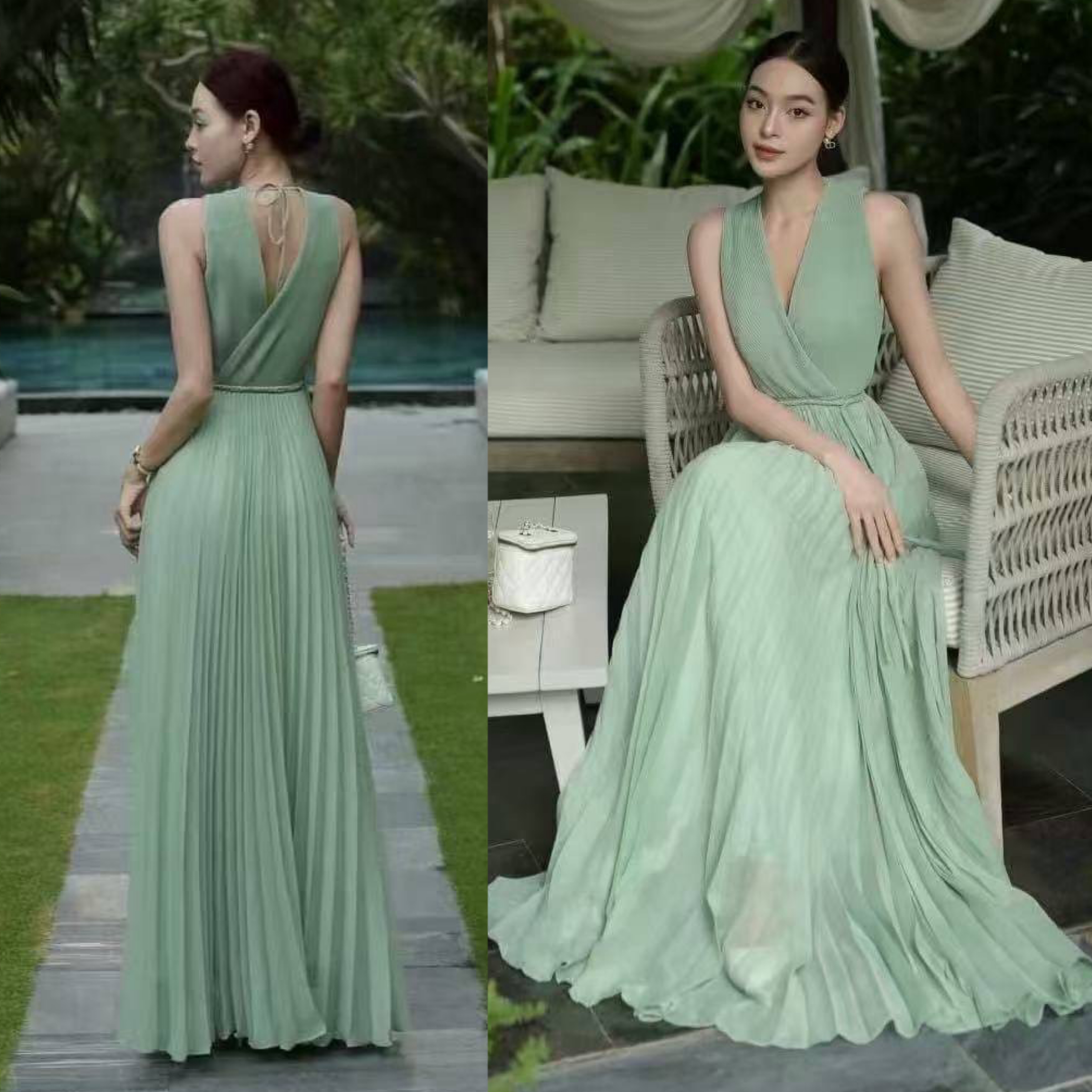 เดรสแขนกุดพลีตสีเขียวตัวยาว มาพร้อมเชือกสานผูกเอว ใส่สบาย : สินค้าคุณภาพ (พร้อมส่ง)