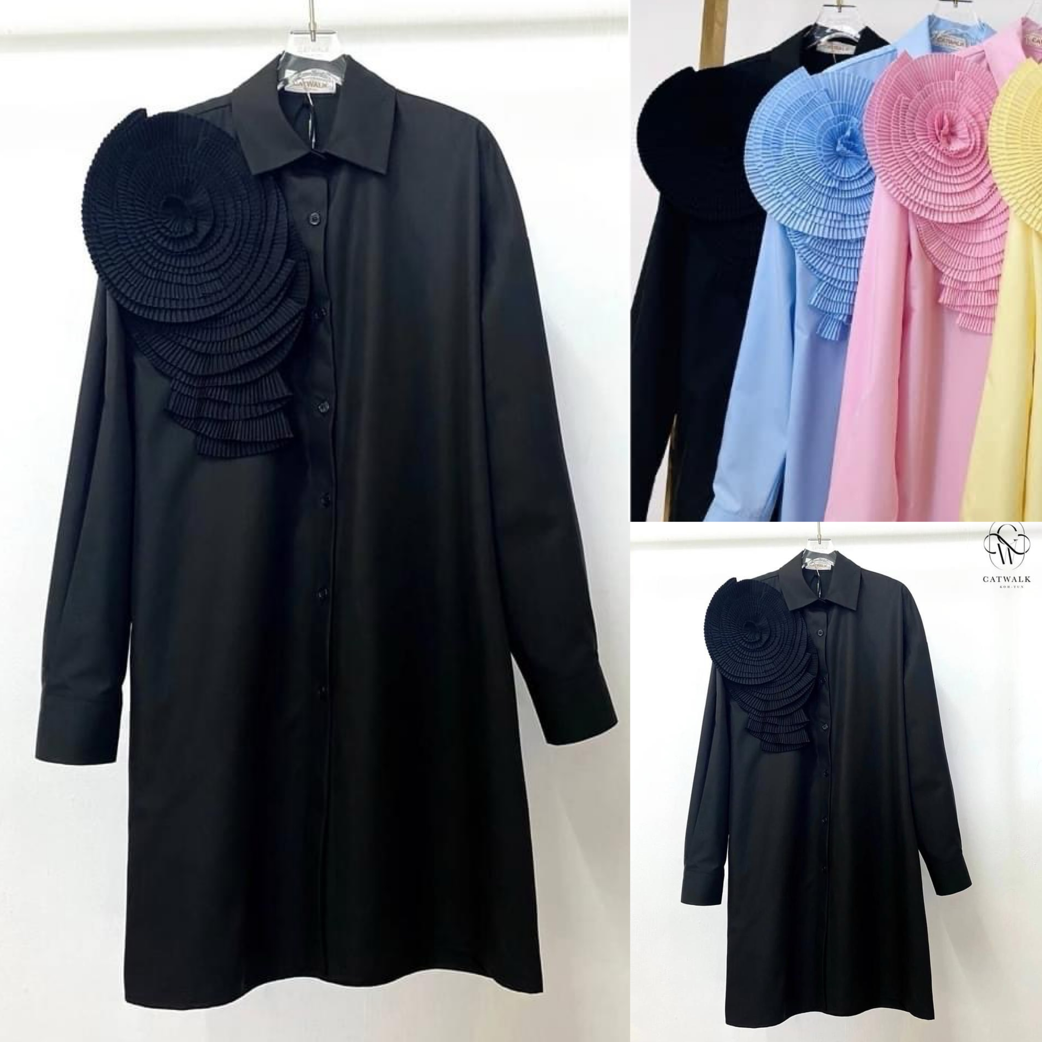 เดรสเชิ้ตแต่งดอกไม้อัดพลีท เนื้อผ้าเกรดเอ สินค้าคุณภาพ (พร้อมส่ง)