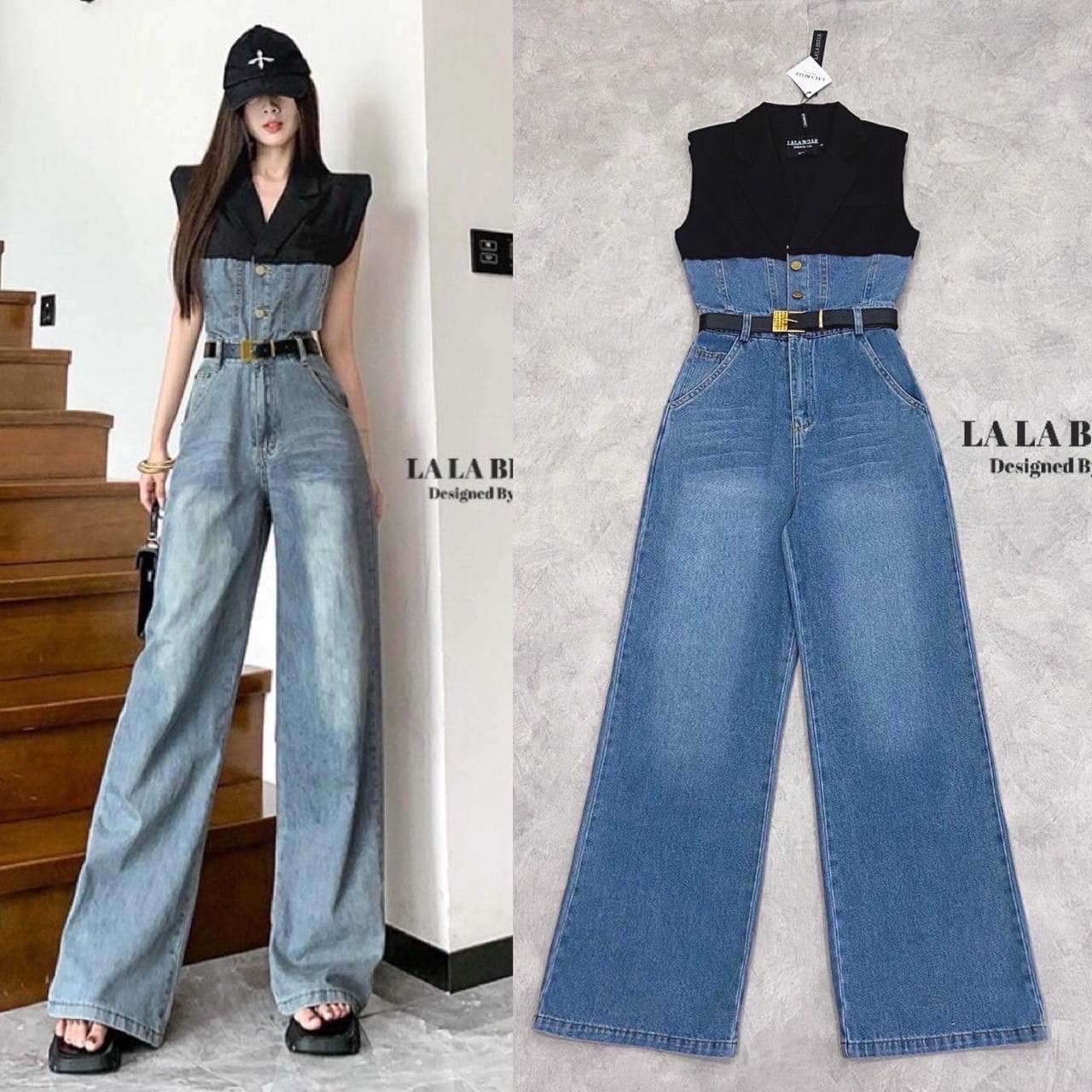 จั้มสูทยีนส์ฟอกอย่างดี ทรงสูทแขนกุด บ่าเสริมฟองน้ำช่วงบนเป็นผ้าสูทสีดำอย่างดีกระดุม หน้าเอวเข้ารูปกางเกงขายาวทรงสวยมีกระเป๋ากางเกง ฟอกสีสวยทรงสวยมาก+เข็มขัด ใส่สบาย : สินค้าคุณภาพ (พร้อมส่ง)