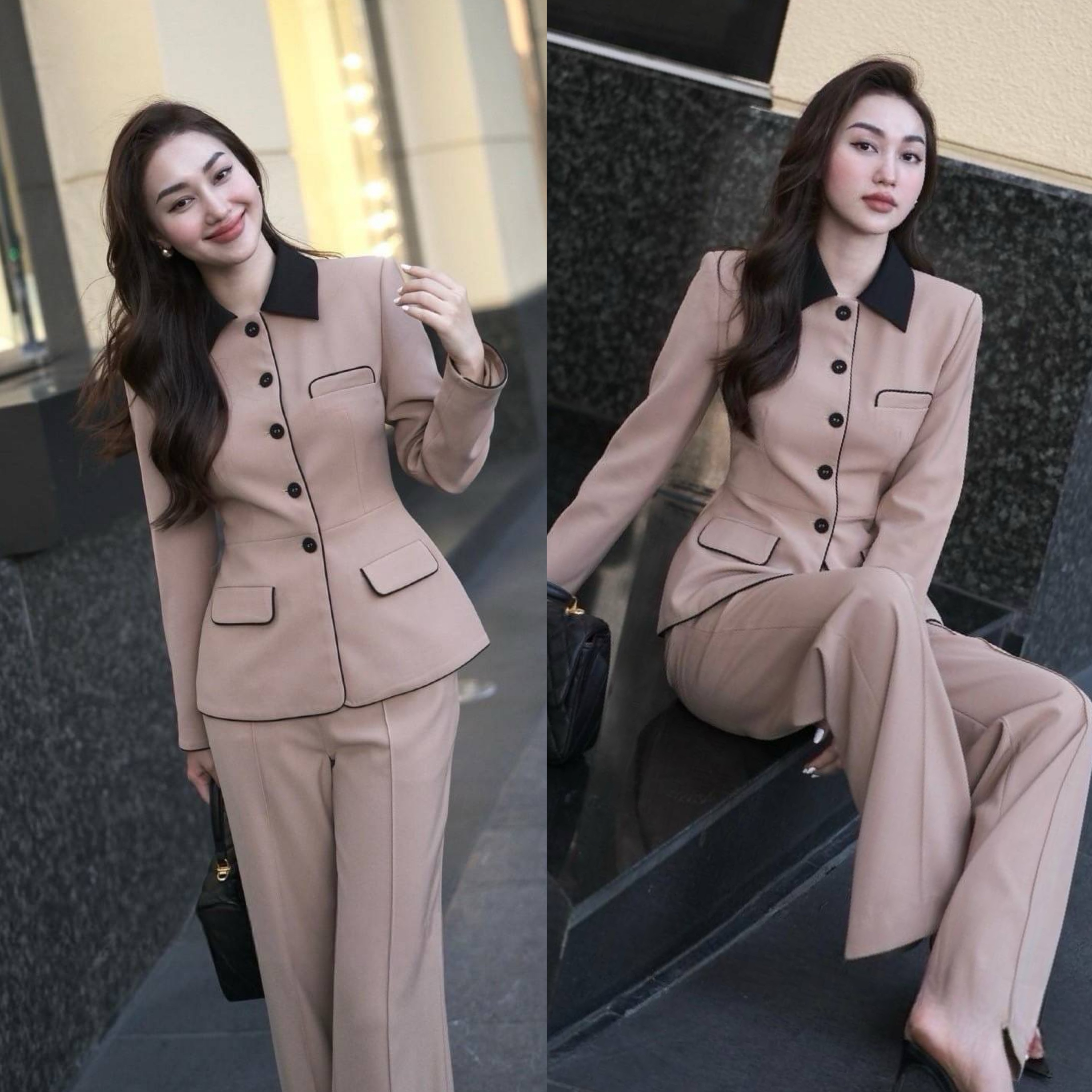 Set สูท2ชิ้นสีชมพูดีเทลแต่งปกดำและกุ๊นดำ มีกระดุมหน้า และมีกระเป๋าล้วงได้เก๋ๆ มาพร้อมกับกางเกงขายาวทรงกระบอกเล็ก ใส่สบาย : สินค้าคุณภาพ (พร้อมส่ง)