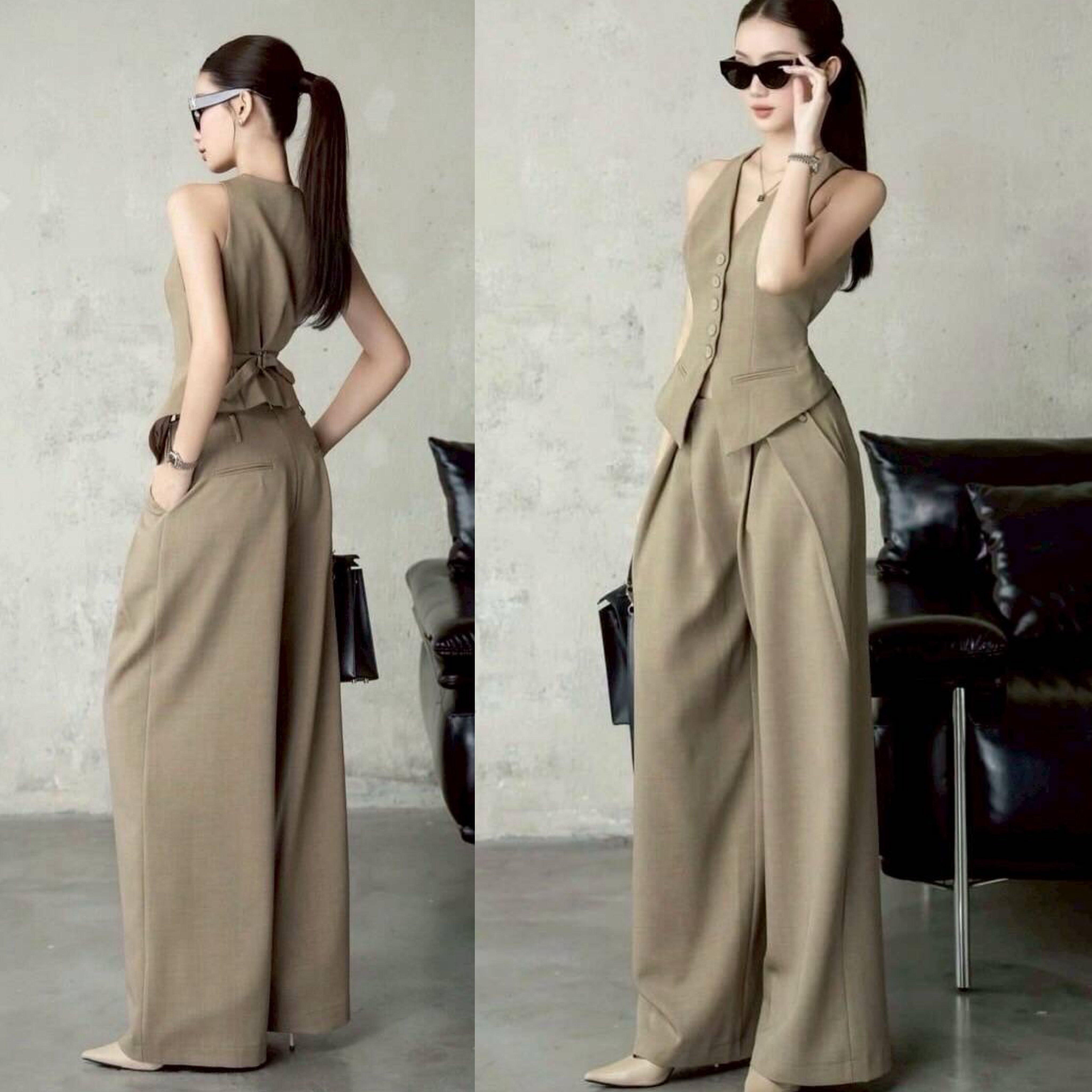 เซ็ตเสื้อกั๊กแขนกุดทรงเข้ารูป มาพร้อมกางเกงขากว้างสุดเป๊ ใส่สบาย : สินค้าคุณภาพ (พร้อมส่ง)