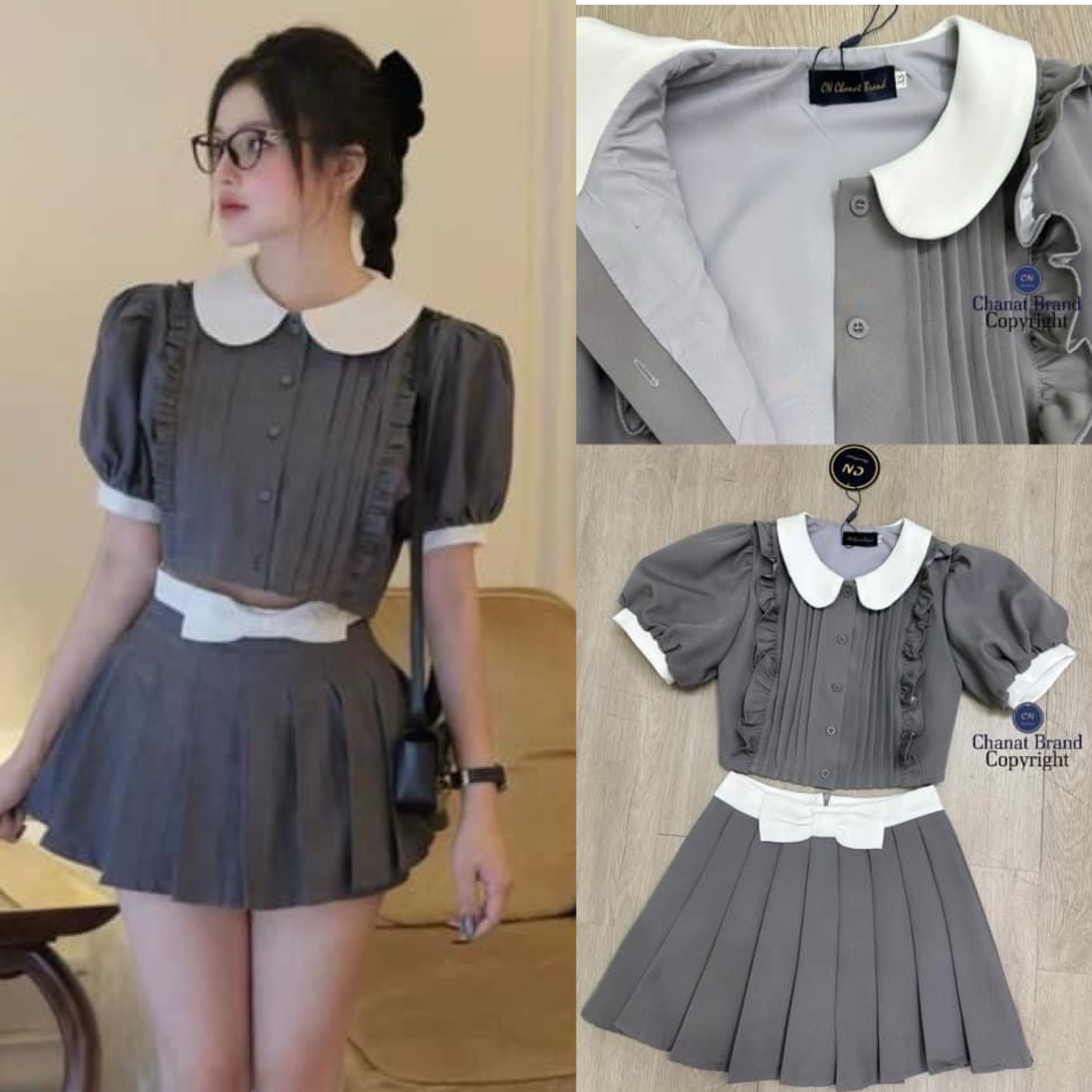 Set 2 ชิ้น สีเทา เสื้อครอปคอบัวสีขาวอก แต่งระบาย มีกระดุมหน้าใช้งานได้จริงมาคู่กับ กระโปรงสั้นเอวสูงจับจีบรอบ ใส่สบาย : สินค้าคุณภาพ (พร้อมส่ง)