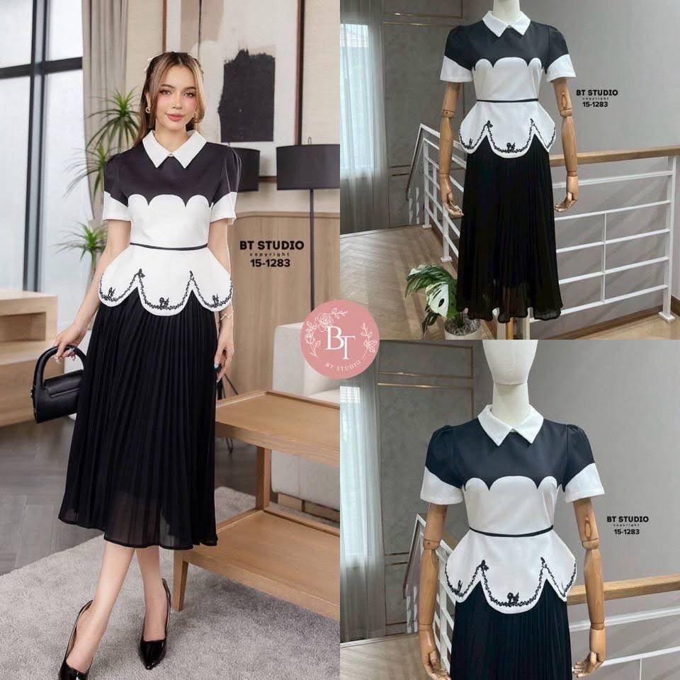 ชุดเซ็ท 2 ชิ้นเสื้อคอปกแขนสั้นดีเทลสีทูโทนแต่งสายสีดำคาดเอวพิมพ์ลายแต่งตามแบบ ทำซิปหลังมีซับใน มาพร้อมกระโปรงอัดพรีทยาว มีซับใน ใส่สบาย : สินค้าคุณภาพ (พร้อมส่ง)