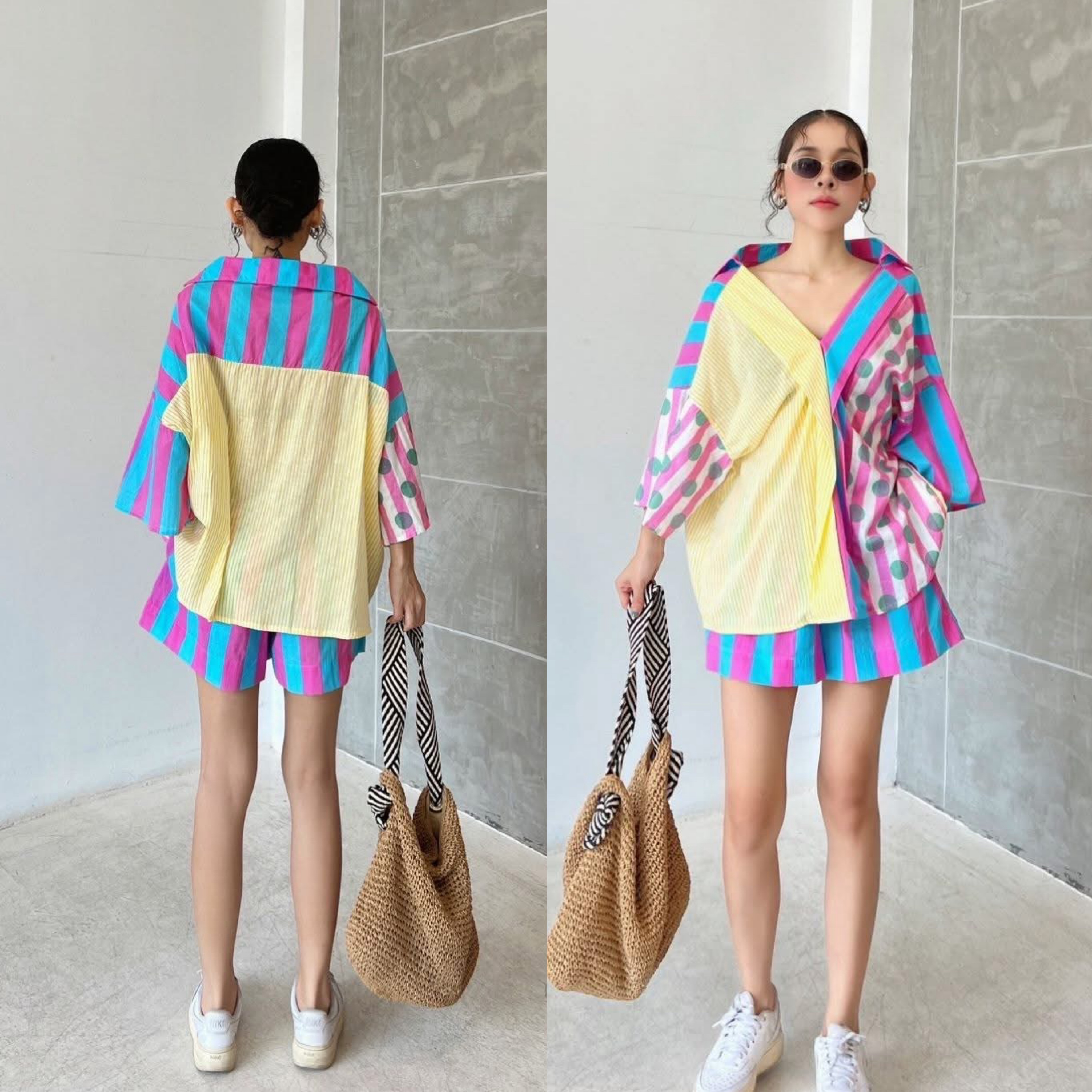 ชุดเซ็ท เสื้อผ้าคอทตอลอินเดีย ดีไซน์ทรงoversize คอวีหน้า ปกหลัง แต่งสาบหน้า ตัดต่อสี กางเกงเอวสม็อค มีกระเป๋าล้วง งานเก๋มีสไตล์ ใส่สบาย : สินค้าคุณภาพ (พร้อมส่ง)