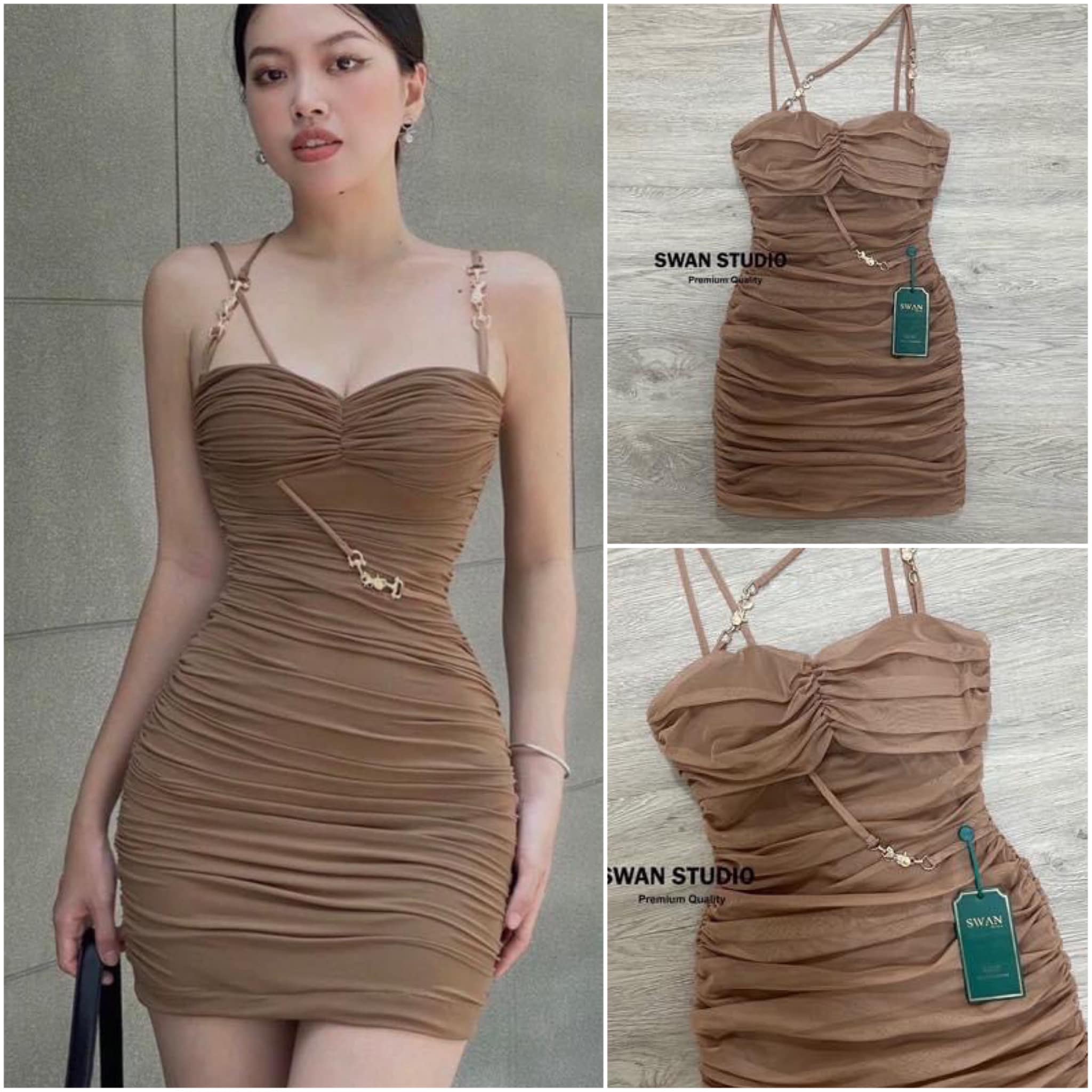 มินิเดรสสายเดี่ยวสีน้ำตาล ผ้าหย่นทั้งตัวแต่งอะไหล่สีทอง ลุคสวยแซ่บ เซ็กซี่ ห้ามพลาดค่า สินค้าคุณภาพ (พร้อมส่ง)