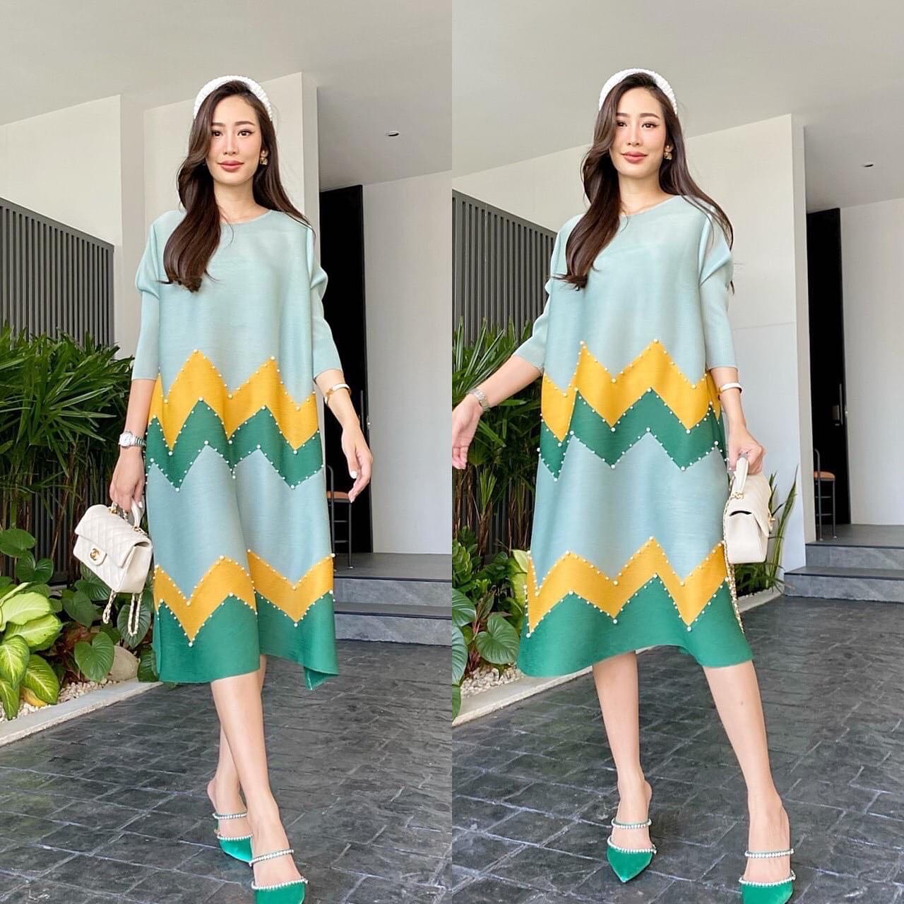 ชุดเดรส คอกลม แขน3 ส่วน แพตเทิร์นเฉลียง แขนพอง เรียบหรู ไฮโซววววว 👑 เนื้อผ้าพลีท เนื้อนุ่มเด้ง งานไล่เฉดสี และประดับมุก สินค้าคุณภาพ (พร้อมส่ง)