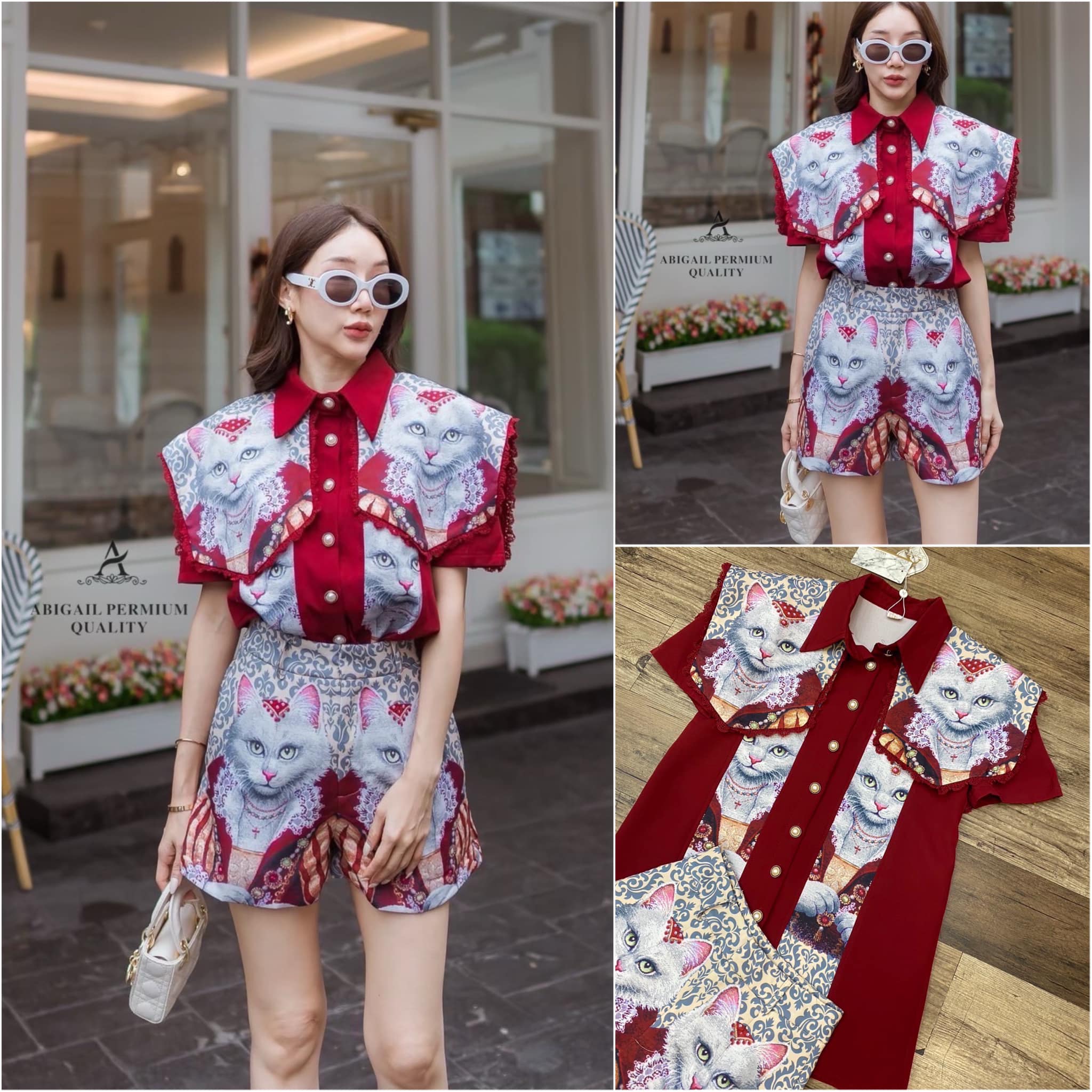 เซตแมวแดง 2ชิ้นลายน้องแมวรวย เสื้อเชิ้ตคอปกแขนสั้นแต่งระบายบ่า มีซับในทั้งตัวมาพร้อมกางเกงเอวสูง สินค้าคุณภาพ (พร้อมส่ง)