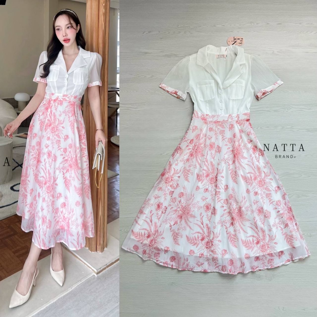 ชุดเดรสความยาวกำลังพอดี ติดกระดุมด้านหน้า มีซิปด้านข้าง สินค้าคุณภาพ (พร้อมส่ง)