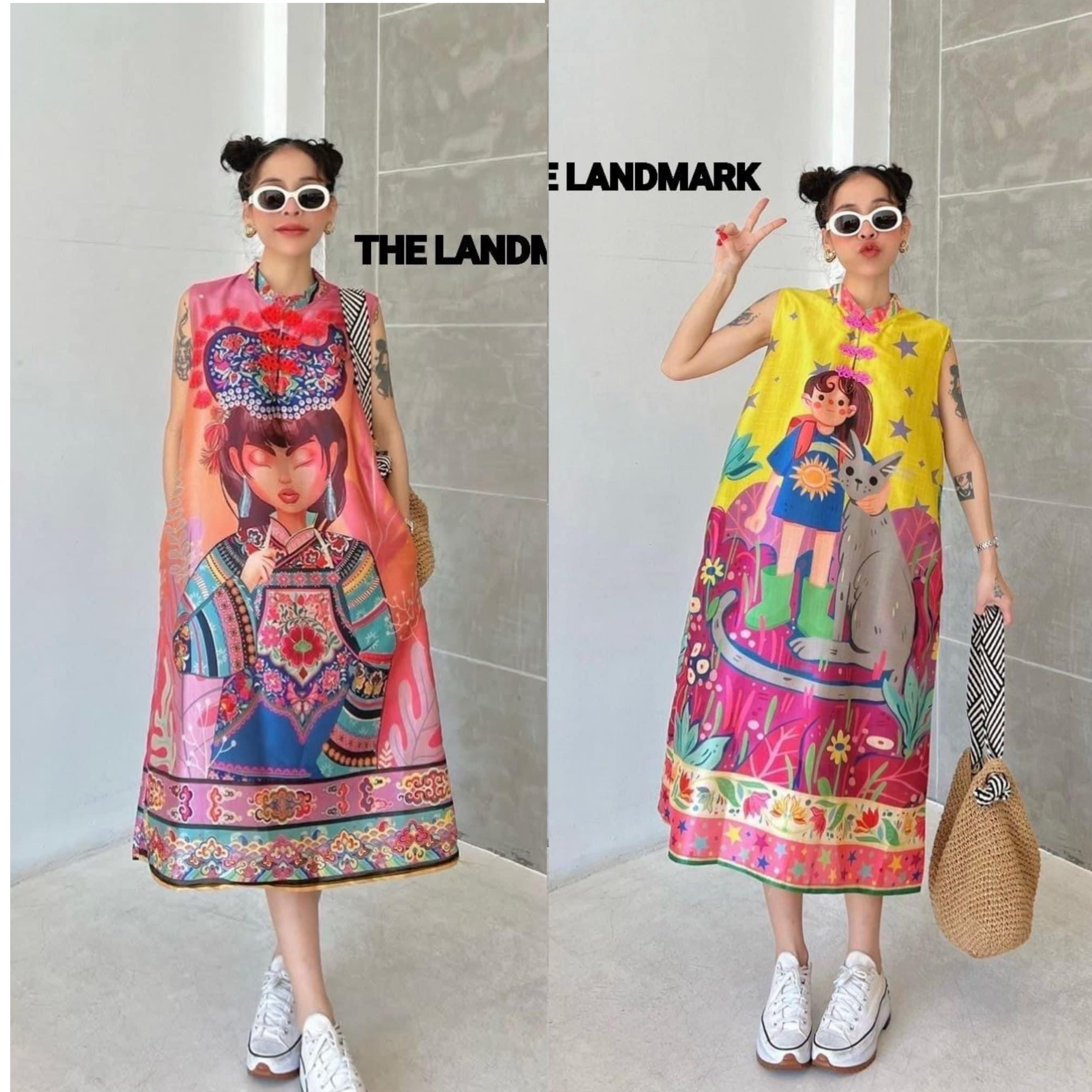 กี่เพ้า เดรสผ้าไหมอินเดียพิมพ์ลาย ดีไซน์กี่เพ้าแขนกุด กระดุมผ้าเปิดได้ สวมใส่ง่าย แพทเทิร์นA ใส่สบาย ใส่สบาย : สินค้าคุณภาพ (พร้อมส่ง)