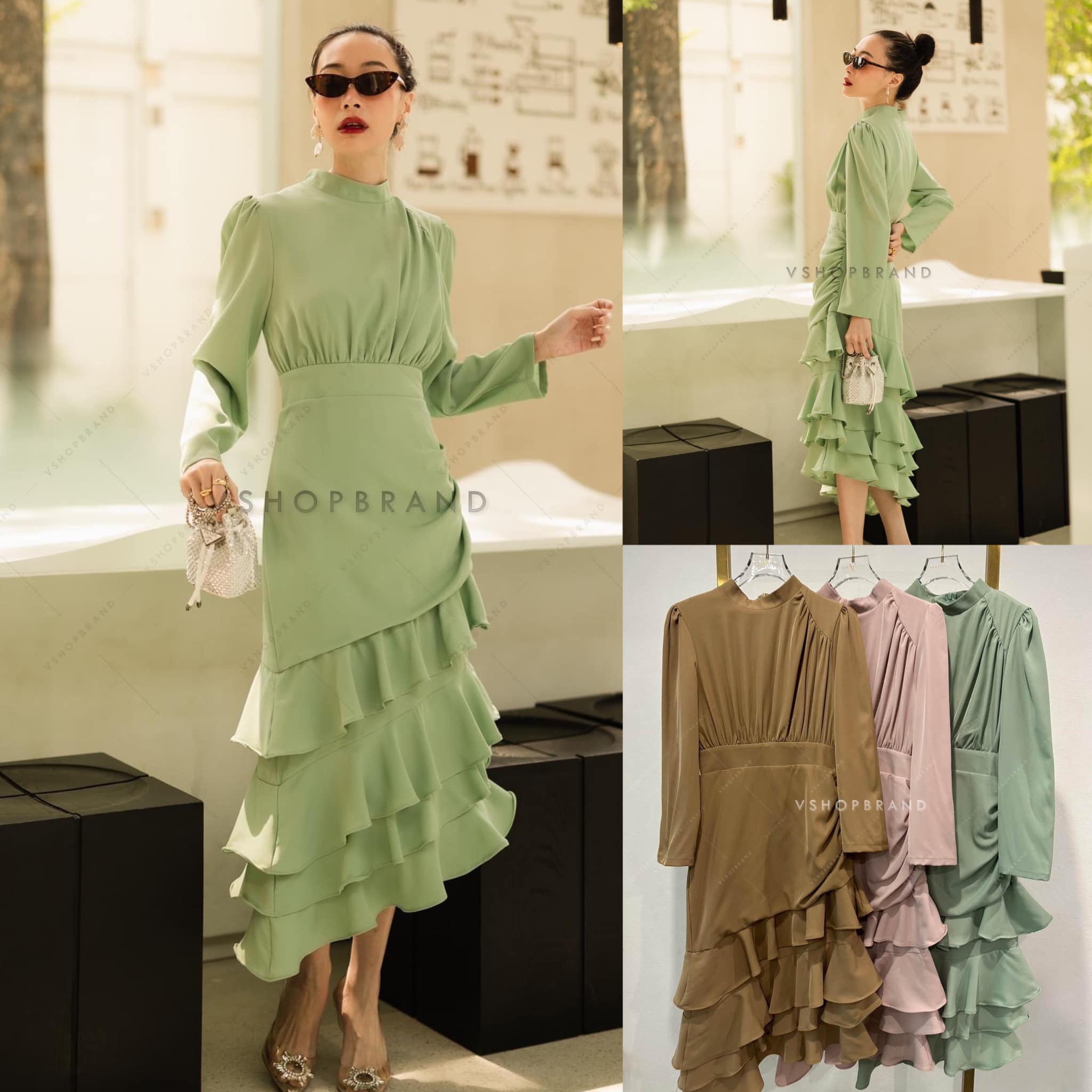 เดรสคอปีนแขนยาว กระโปรงแต่งระบายเป็นชั้น ๆ 👍🏻 สินค้าคุณภาพ (พร้อมส่ง)