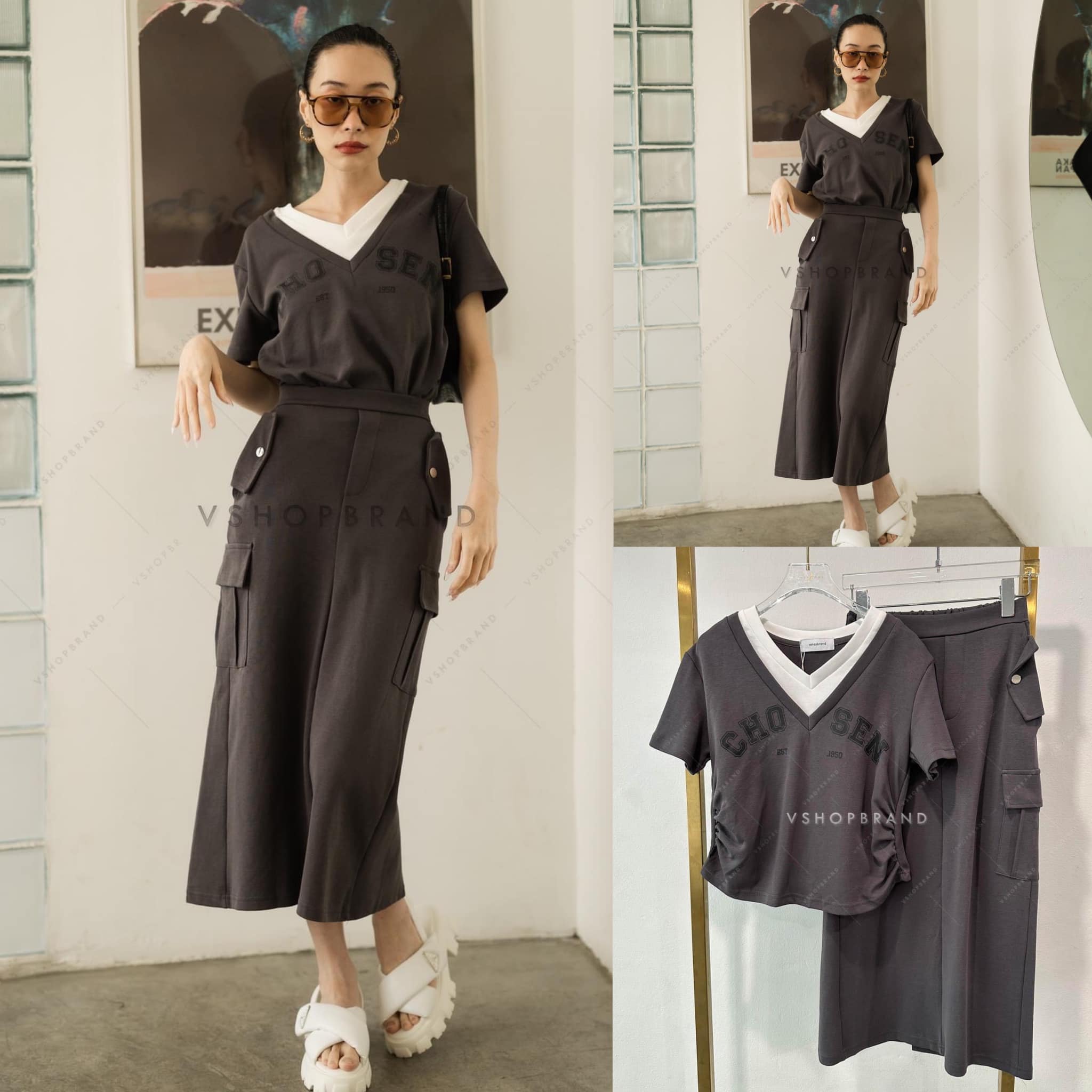 SET เสื้อคอวีแต่งขอบคอทูโทน + กระโปรงยาว สินค้าคุณภาพ (พร้อมส่ง)