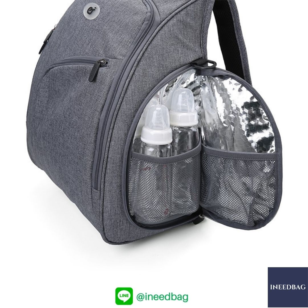Ecosusi กระเป๋าคุณแม่, กระเป๋าสัมภาระคุณแม่, กระเป๋าแม่ลูกอ่อน แบบเป้ มาพร้อมแผ่นรองเปลี่ยนผ้าอ้อม, ช่องเก็บความร้อน-เย็น (New Version Grey) + Wet Pocket + Wipe Pocket
