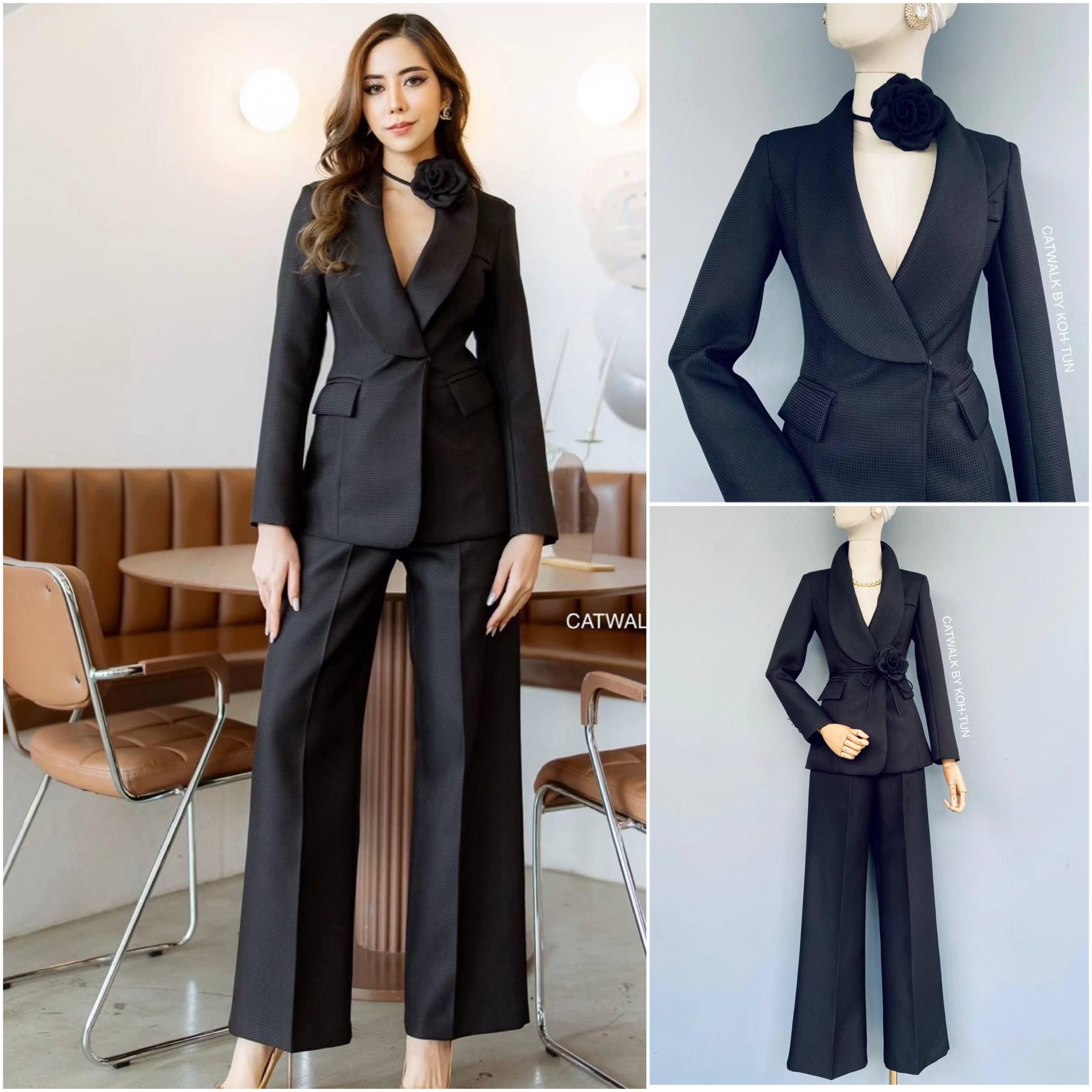 เซตBLAZER ปกกล้วย+กางเกงขายาว + เข็มกลัดดอกไม้ เนื้อผ้าเกรดเอ เป็นผ้าทอมีลายในตัว สินค้าคุณภาพ (พร้อมส่ง)