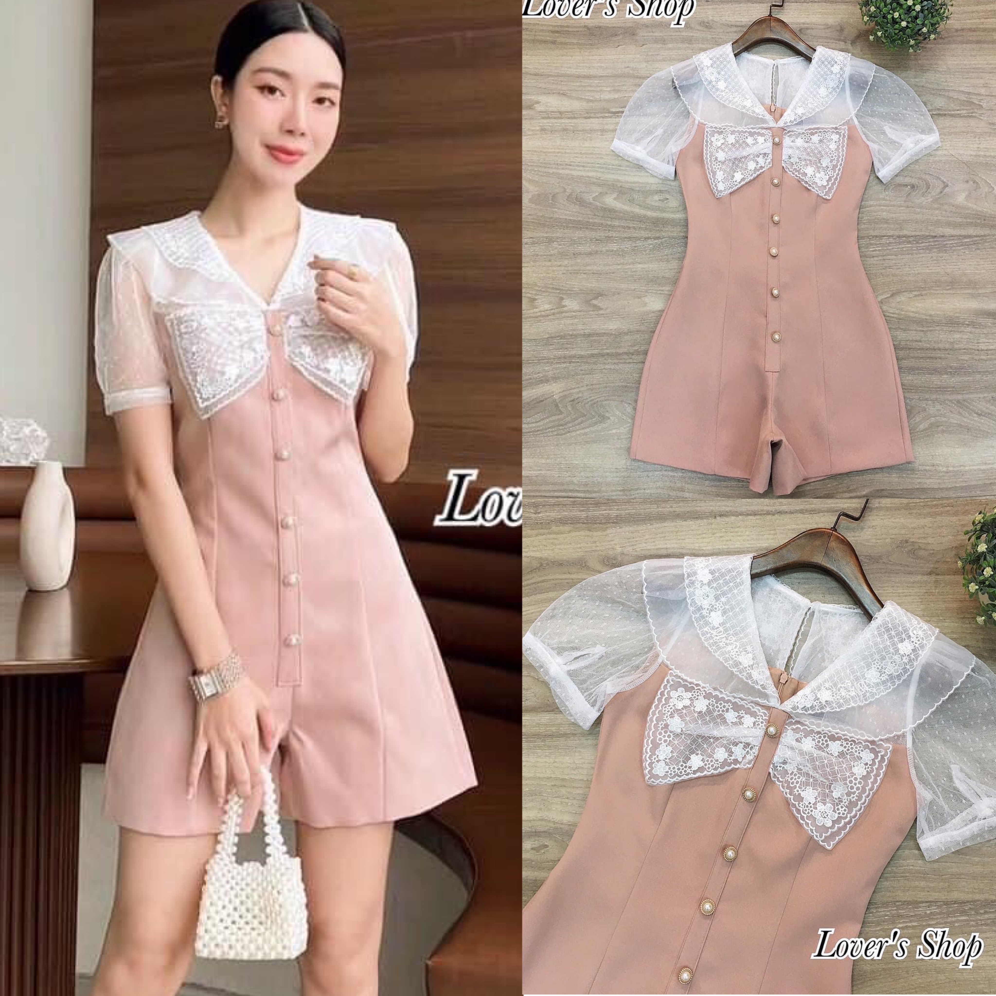 จั้มสูทกางเกงขาสั้น ดีเทลช่วงบนเป็นผ้าลูกไม้เนื้อนุ่ม คอปกน่ารัก ช่วงอกแต่งโบว์ ช่วงกางเกงเป็นผ้าพื้นอัดผ้ากาวอย่างดี สินค้าคุณภาพ (พร้อมส่ง)