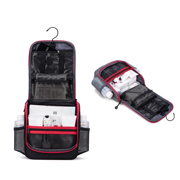 Bagsmart กระเป๋าใส่อุปกรณ์อาบน้ำ คุณภาพสูง ใส่อุปกรณ์อาบน้ำ แขวนได้ มีช่องใส่ด้านข้างสองด้าน สำหรับเดินทาง ท่องเที่ยว (Black-Red)