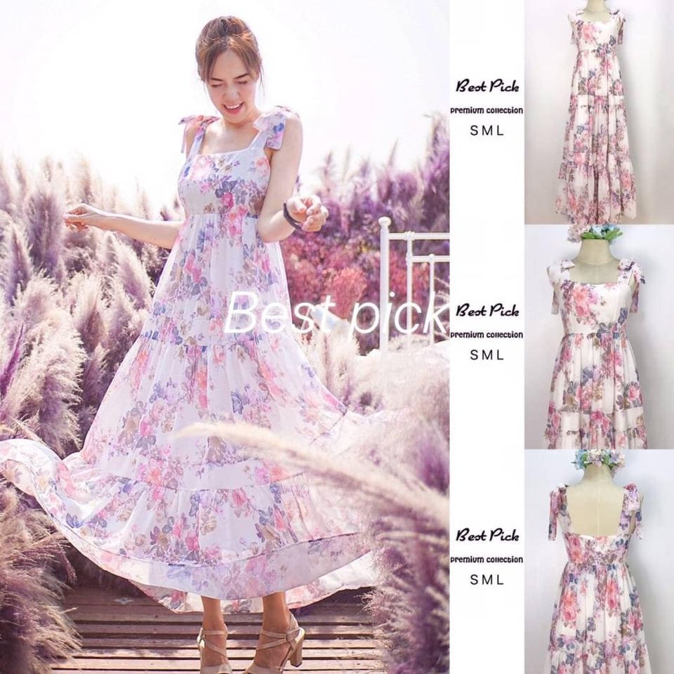 #แม็กซี่เดรสสายเดี่ยวผูกโบว์ไหล่ เนื้อผ้าพิมพ์ลายดอกไม้ สีสันสดใสสวยงามตามแบบ กระโปรงแต่งตัดต่อเป็นชั้นพริ้วสวย ดูดีมากค่ะ Summerนี้พลาดไม่ได้เลยนะคะ รีบจัดด่วนๆ : สินค้าคุณภาพ (พร้อมส่ง)