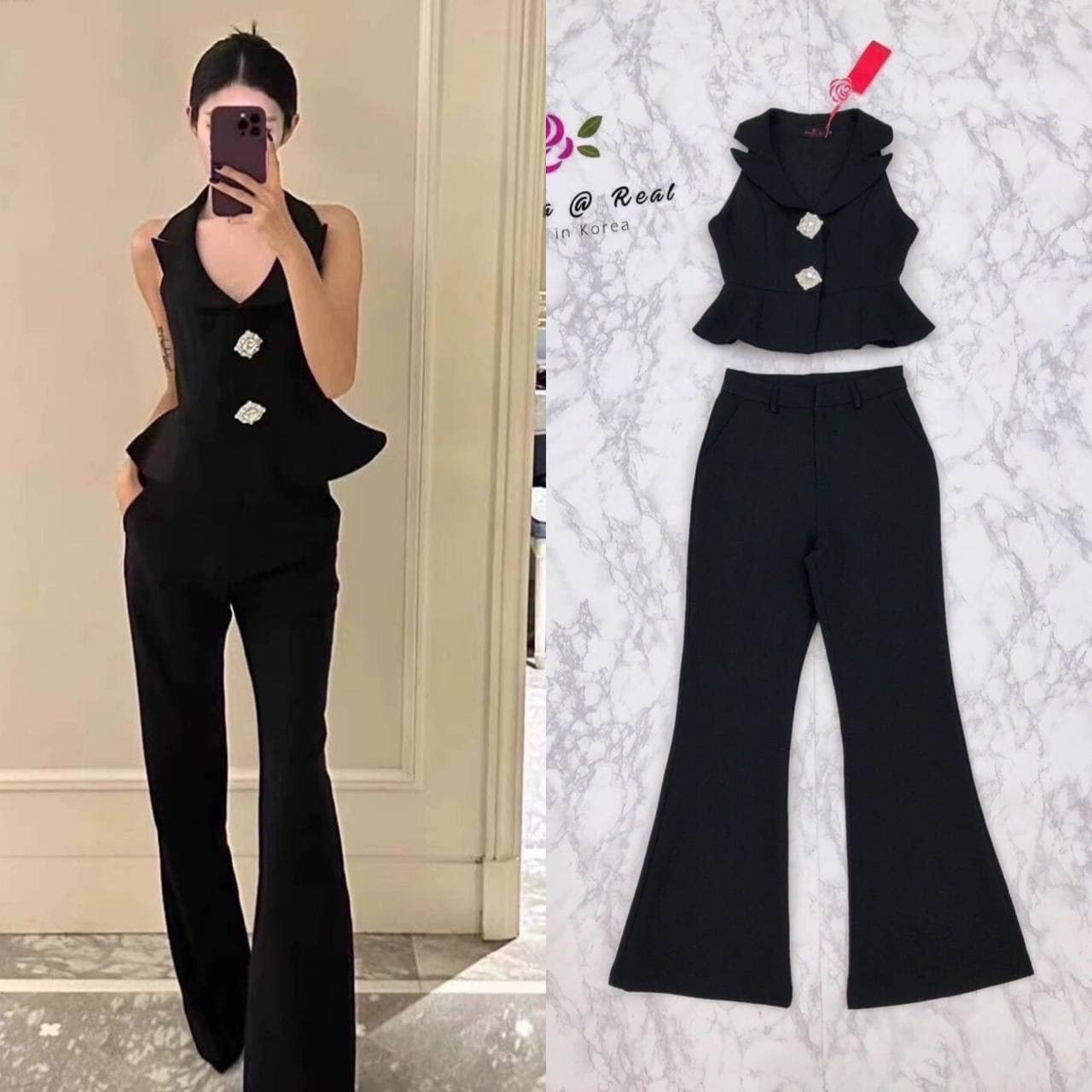 Set เสื้อแขนกุดตัวสวยทรงดี คอปกเก๋ ช่วงอกเสริมฟองน้ำเป็นทรงสวย ด้านหน้าอลังด้วยกระดุมเพชรเม็ดบึ้มโดดเด่น มาเข้าชุดพร้อมกับกางเกงขายาวทรงสวย ใส่สบาย : สินค้าคุณภาพ (พร้อมส่ง)