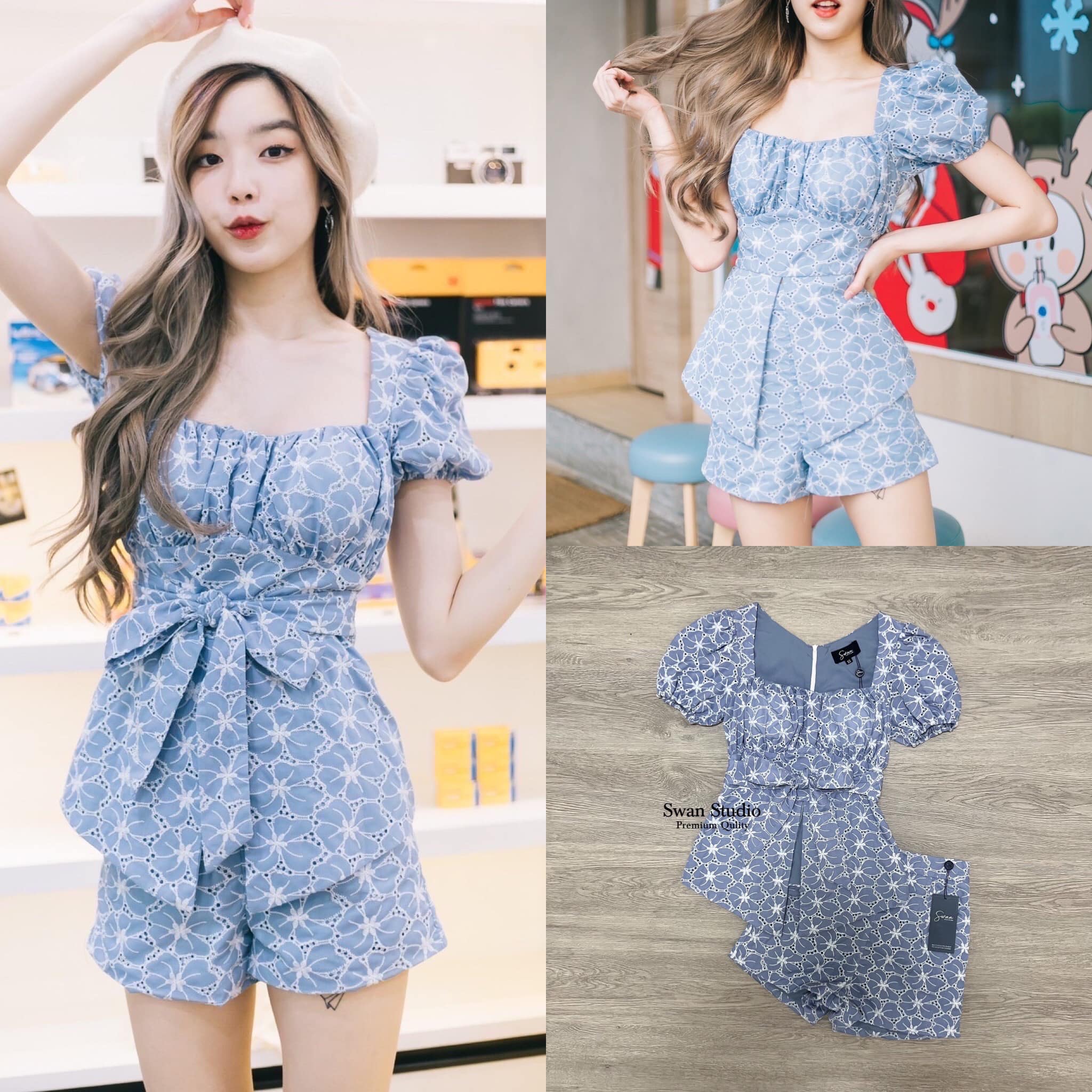 เซทเสื้อ+กางเกง ผ้าฉลุลูกไม้ดอกไม้สีฟ้า เสื้อช่วงอกจับจีบหย่น ช่วงเอวมีสายไว้ผูกโบว์ มากับกางขาสั้น ผ้าเดียวกัน สามารถแยกชิ้น แมชท์กับตัวอื่นได้ สินค้าคุณภาพ (พร้อมส่ง)