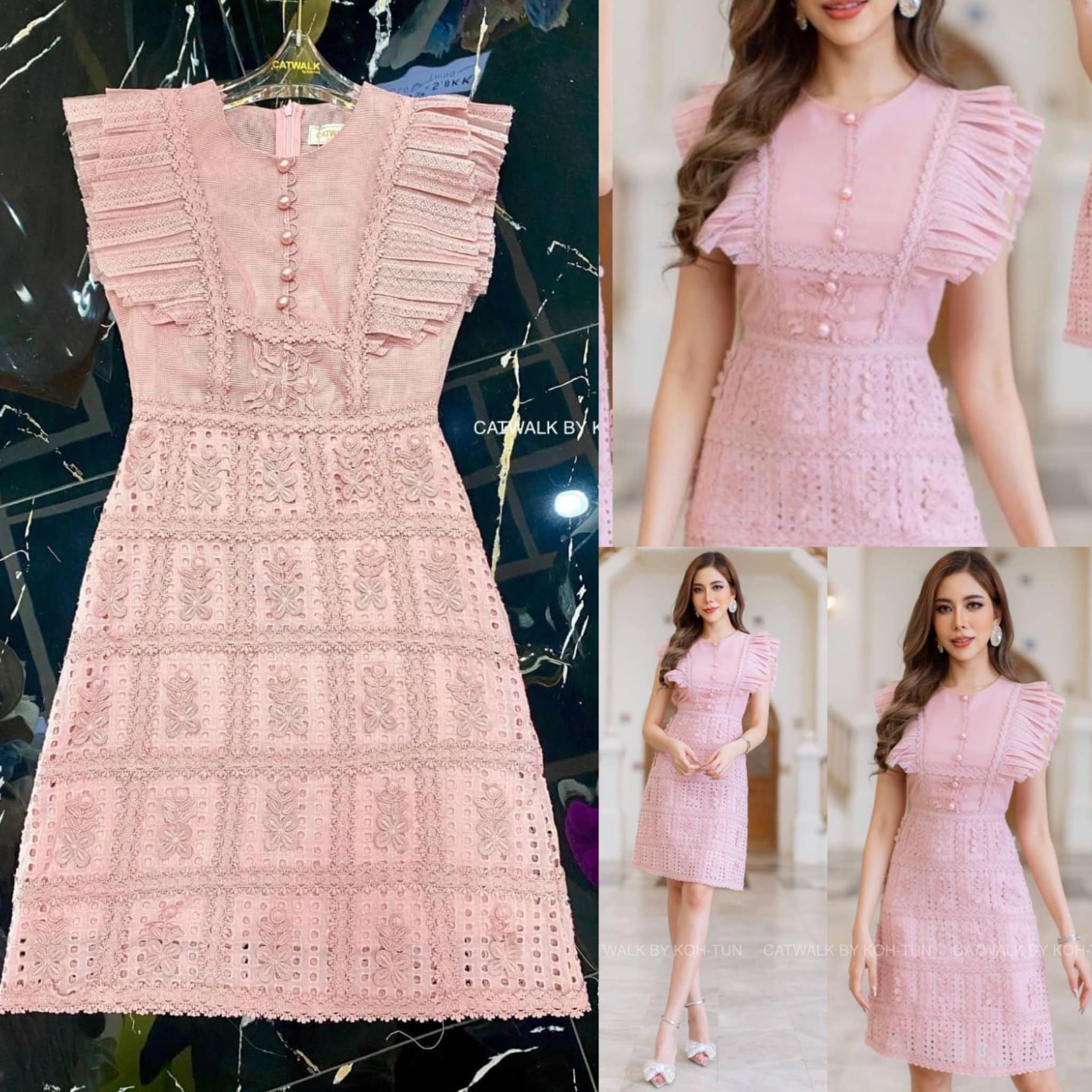 เดรสกระโปรง ผ้าลูกไม้แต่งจับจีบระบายไหล่ เนื้อผ้านุ่มใส่สบาย ช่วงบนเป็นทรงเข้ารูป กระโปรงเป็นทรงเอเล็กน้อย มีซิปด้านหลังทำให้ใส่ง่ายขึ้น สินค้าคุณภาพ (พร้อมส่ง)