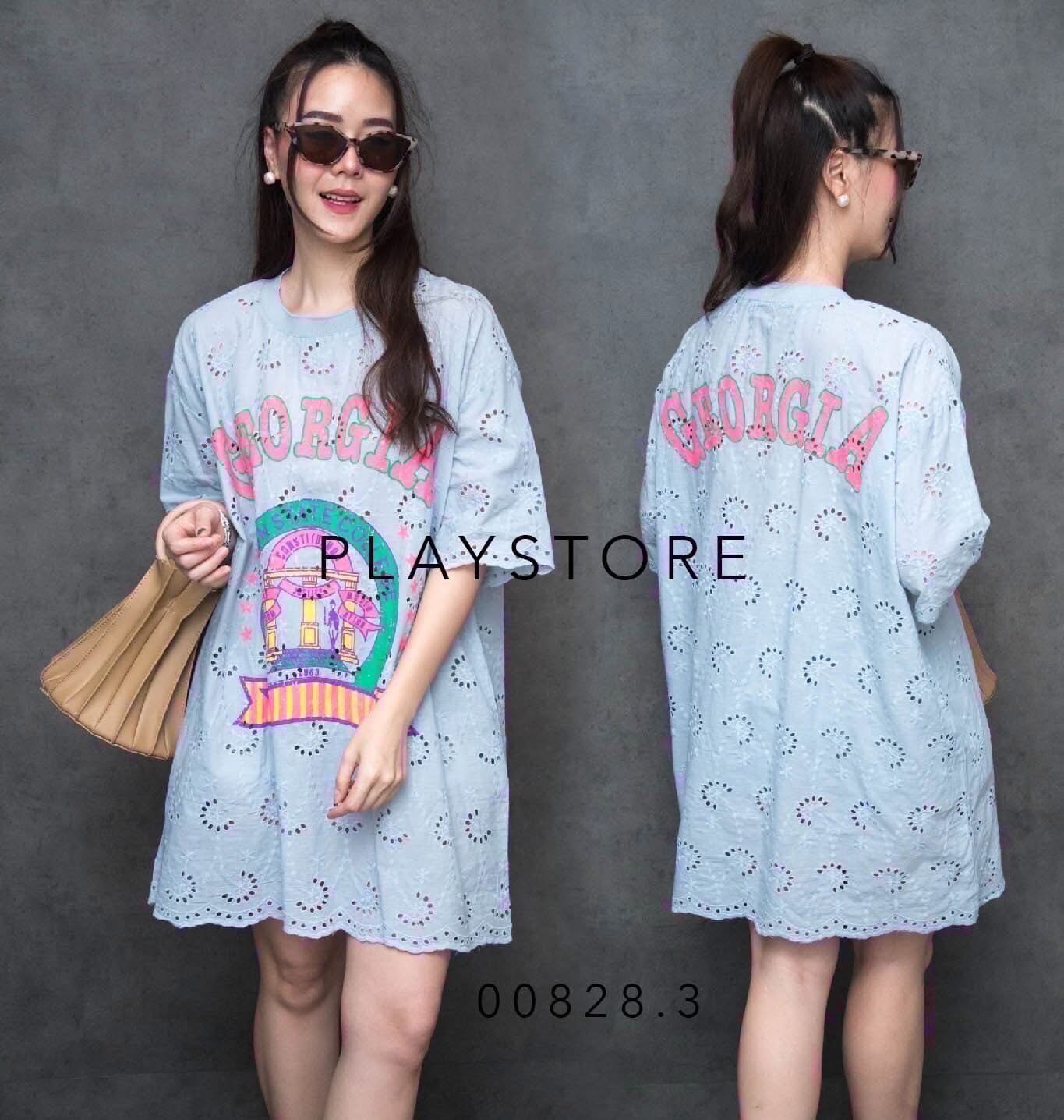 Minidress ลายลูกไม้ เป็นเชิงหยักๆตรงชายล่าง แต่งลายสกรีน “ GEORGIA “ใส่สบาย : สินค้าคุณภาพ (พร้อมส่ง)