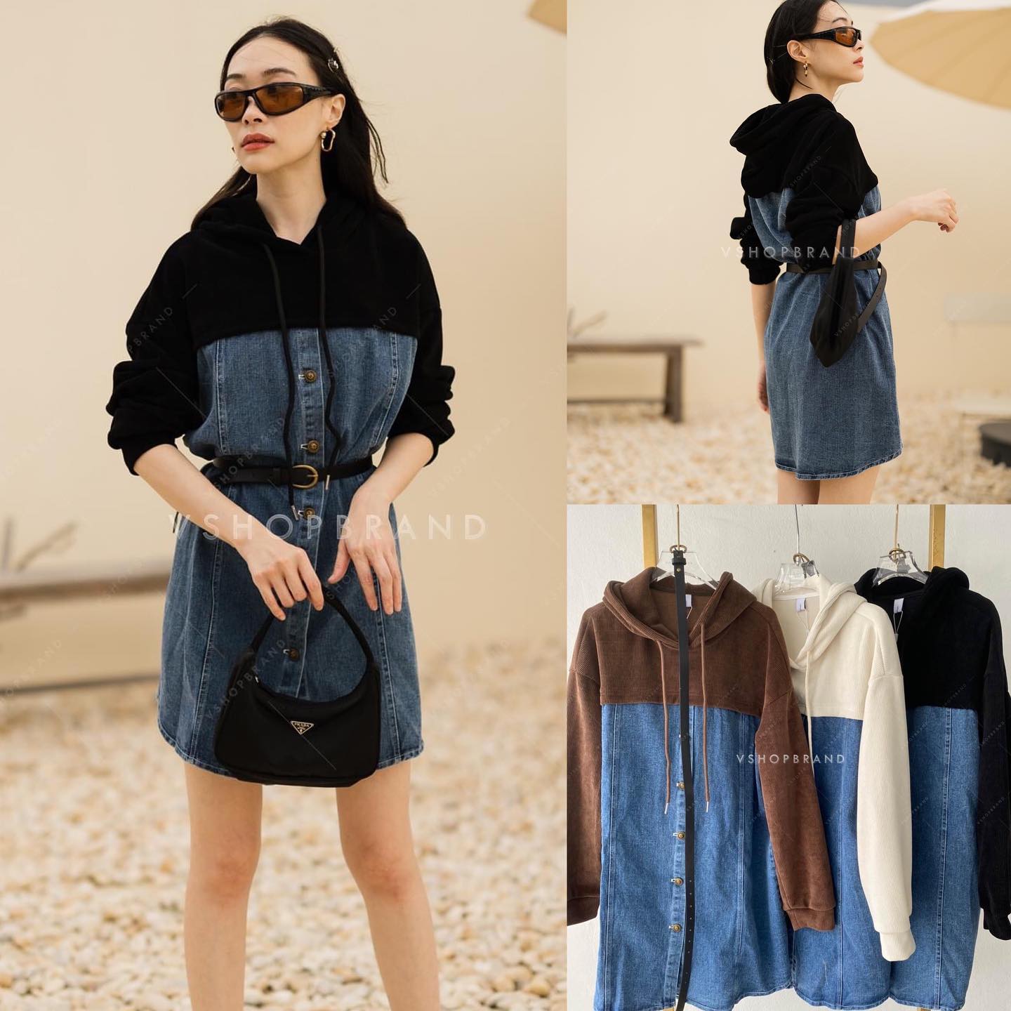 เดรสยีนส์กระดุมหน้า แต่งฮู้ด + เข็มขัด สินค้าคุณภาพ (พร้อมส่ง)