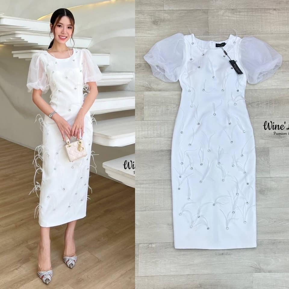 Dress. เดรสคอกลมมีแขนค่ะ แขนตุ๊กตาผ้าชีทรู แต่งอะไหล่เพชรและขนนกทั้งตัวแน่นๆ ทรงสวย ใส่สบาย สินค้าคุณภาพ (พร้อมส่ง)