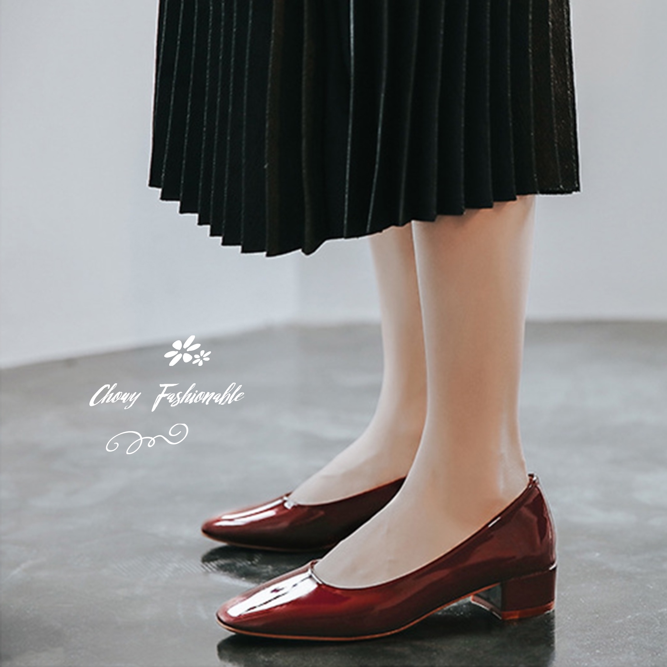 รองเท้าไซส์ใหญ่ 42-43 EU ไซส์ยุโรป ส้นเตี้ยไซส์ใหญ่ หัวตัดเหลี่ยม สีไวน์แดง Chowy KR1068WD