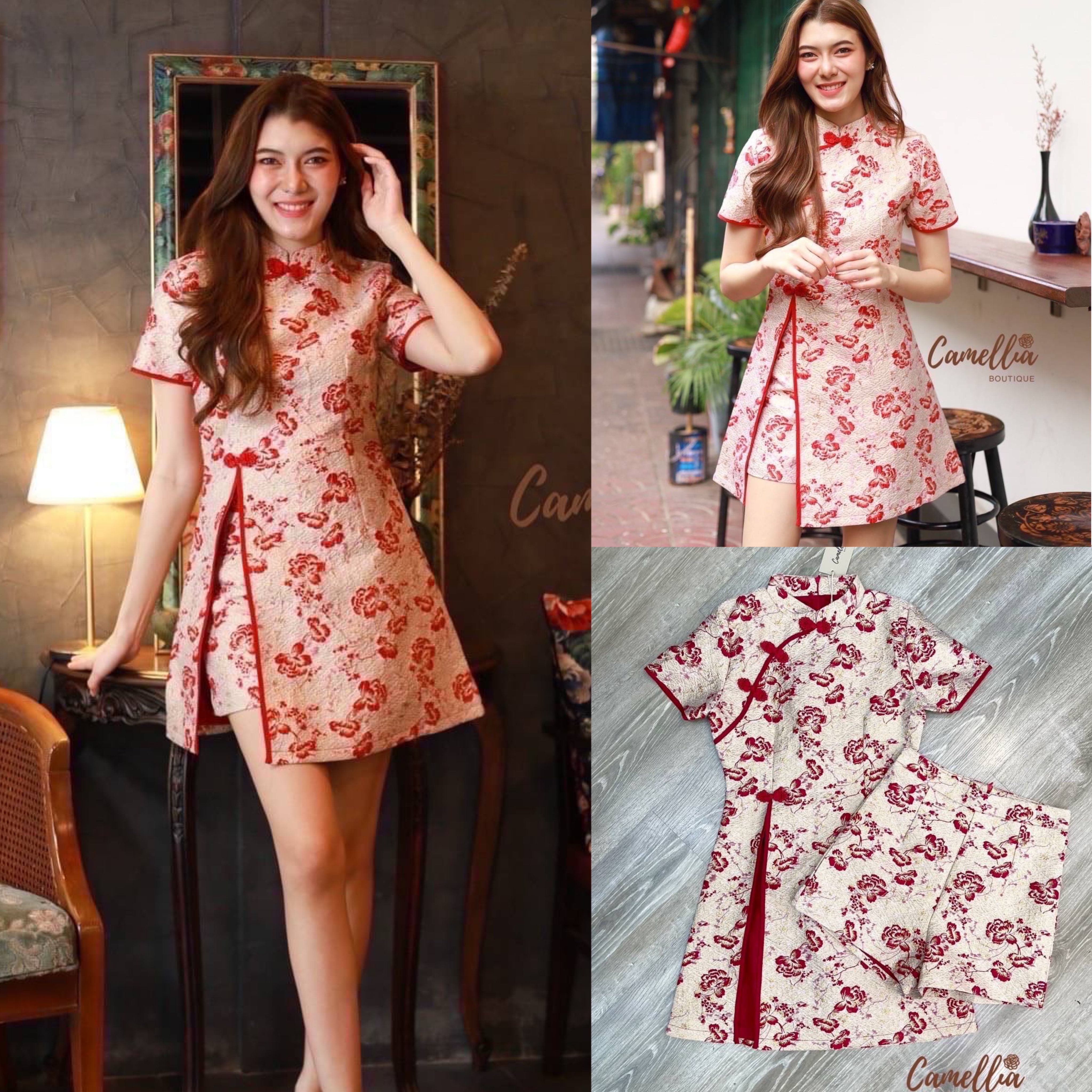 ชุดSet เสื้อกี่เพ้าผ้าทอลายดอกโทนสีแดงทอง แต่งกระดุมสีแดงสวยลงตัวมากคะ + กางเกงขาสั้นลายเข้ากับชุด ใส่สบาย : สินค้าคุณภาพ (พร้อมส่ง)