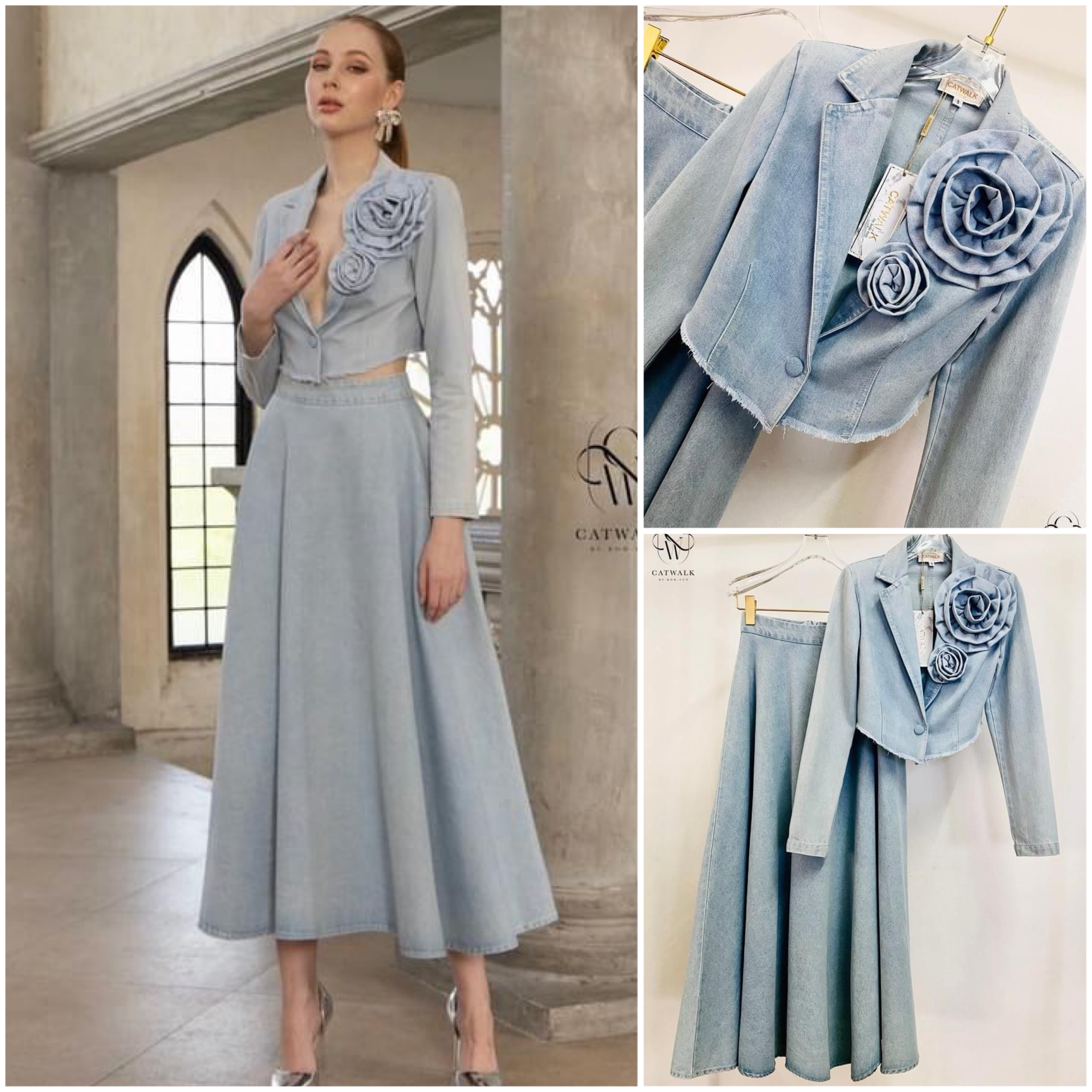 เซตเสื้อครอปยีนส์แต่งดอกไม้+กระโปรงยาวทรงย้วยรอบตัว ใส่สบาย สินค้าคุณภาพ (พร้อมส่ง)