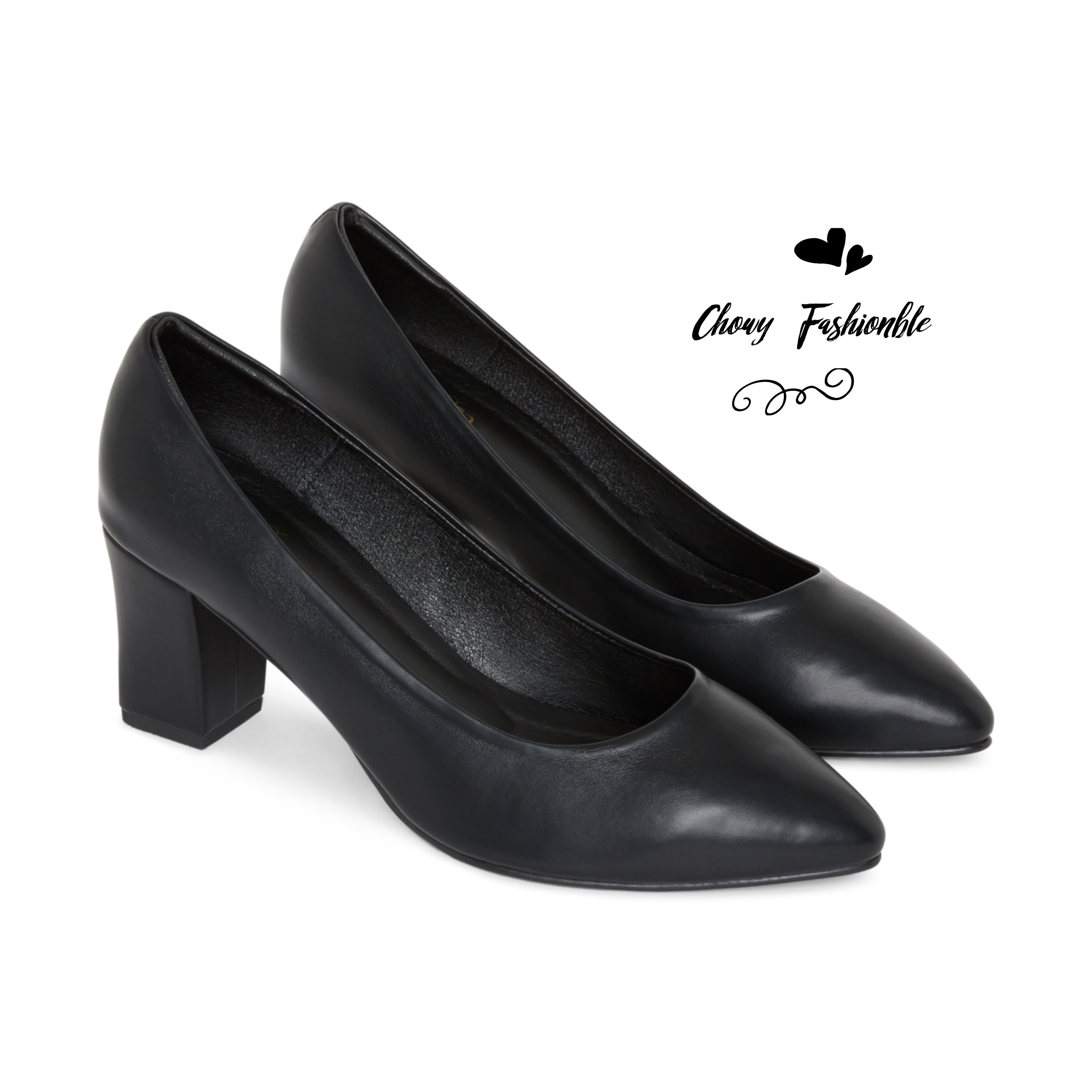 CHOWY รองเท้าคัชชูส้นเตี้ย ไซส์ 37-50 สูง 2.5” ปลายแหลม คัชชูส้นเตี้ยไซส์ใหญ่ หน้ากว้างพิเศษ บุฟองน้ำนุ่ม สีดำ CH0162BL
