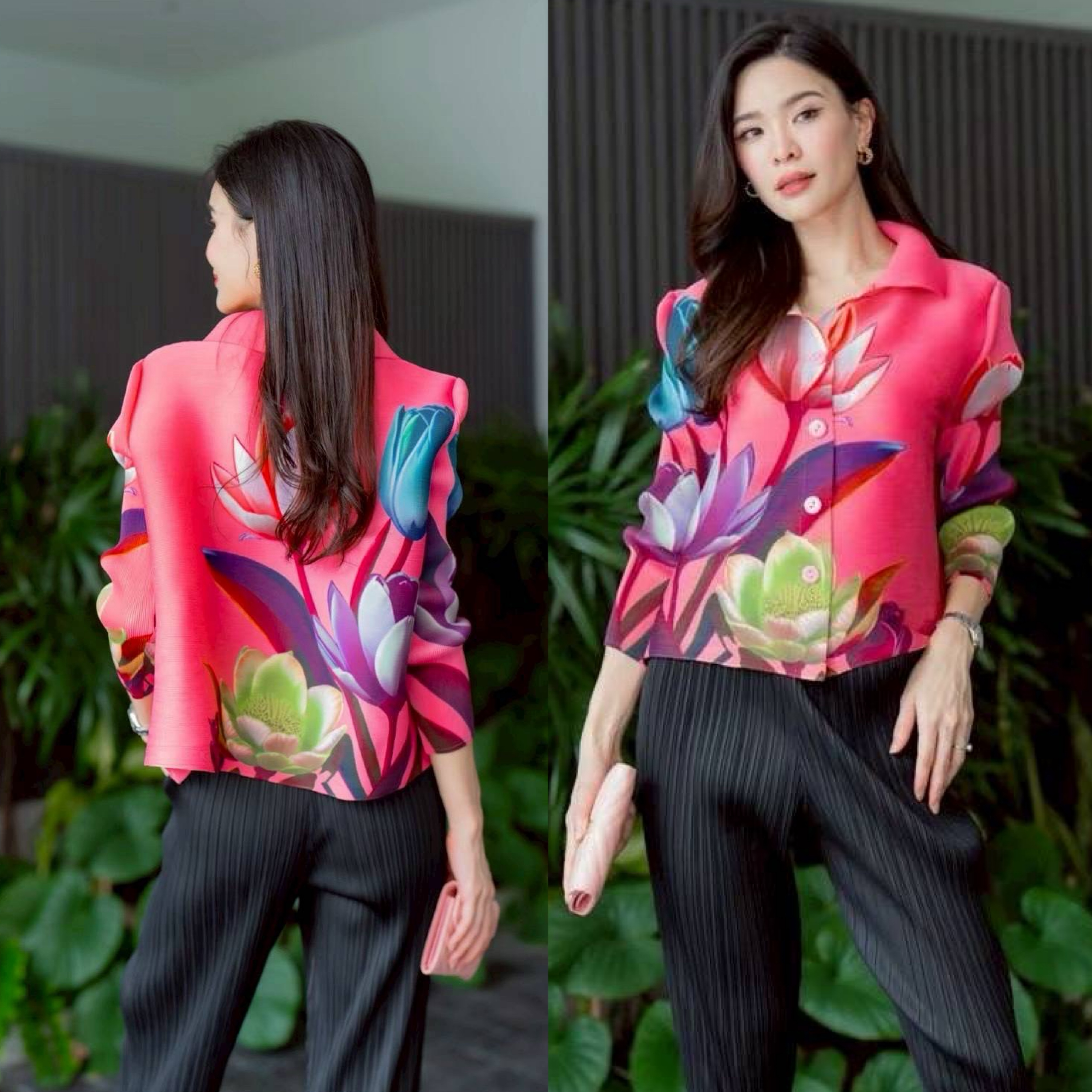 เสื้อคอจีน พิมพ์ลายดอกไม้สวยๆ เพิ่มดีเทลความเริ่ด 🍂🌻🌸🌷 ด้วยแพตเทิร์น แขนยาว พิมพ์ลายรอบตัว และช่วงแขน สีสดใส เริ่ดๆ งานอัดพลีทแน่น ใส่สบาย : สินค้าคุณภาพ (พร้อมส่ง)