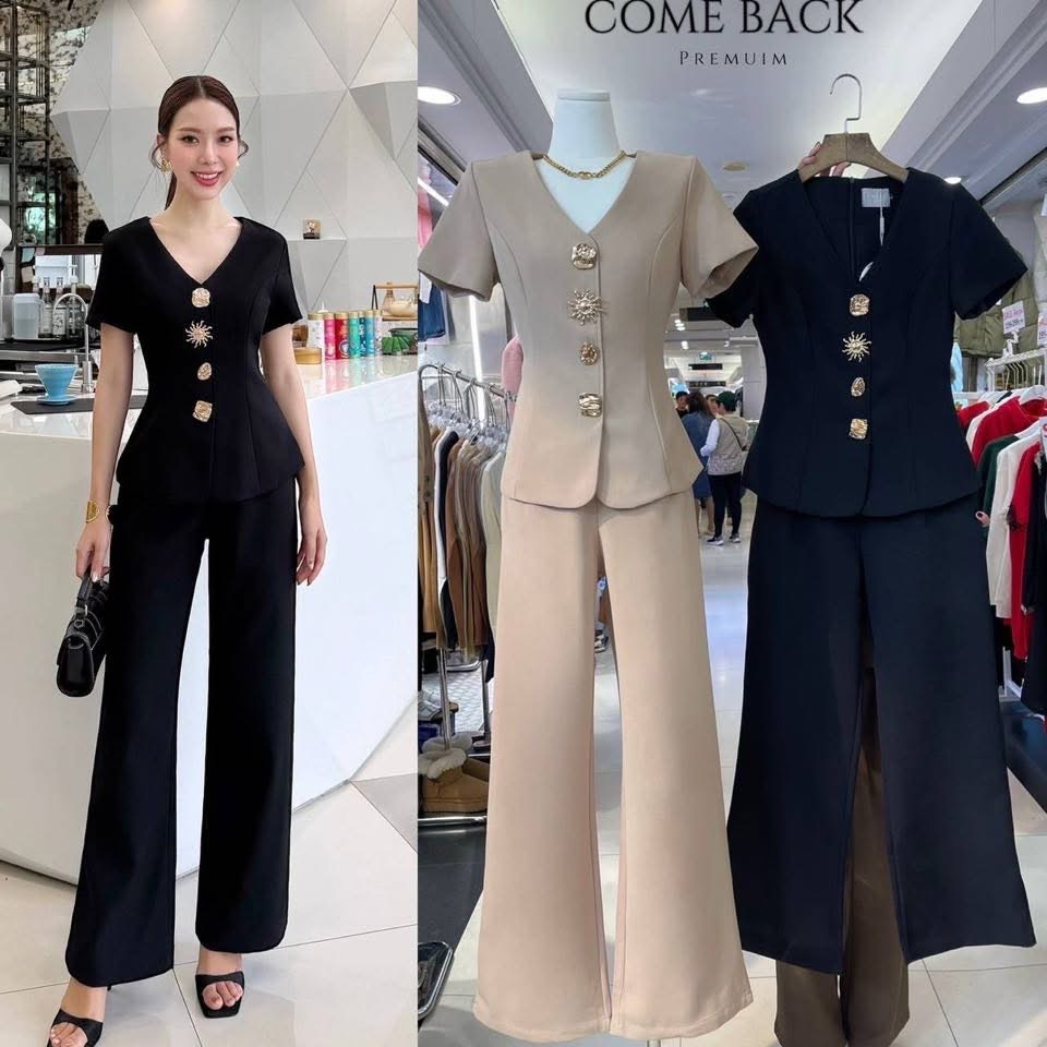ชุดเซต เสื้อคอวี เย็บกระดุม อะไหล่สีทอง +กางเกงขายาว ใส่สบาย : สินค้าคุณภาพ (พร้อมส่ง)
